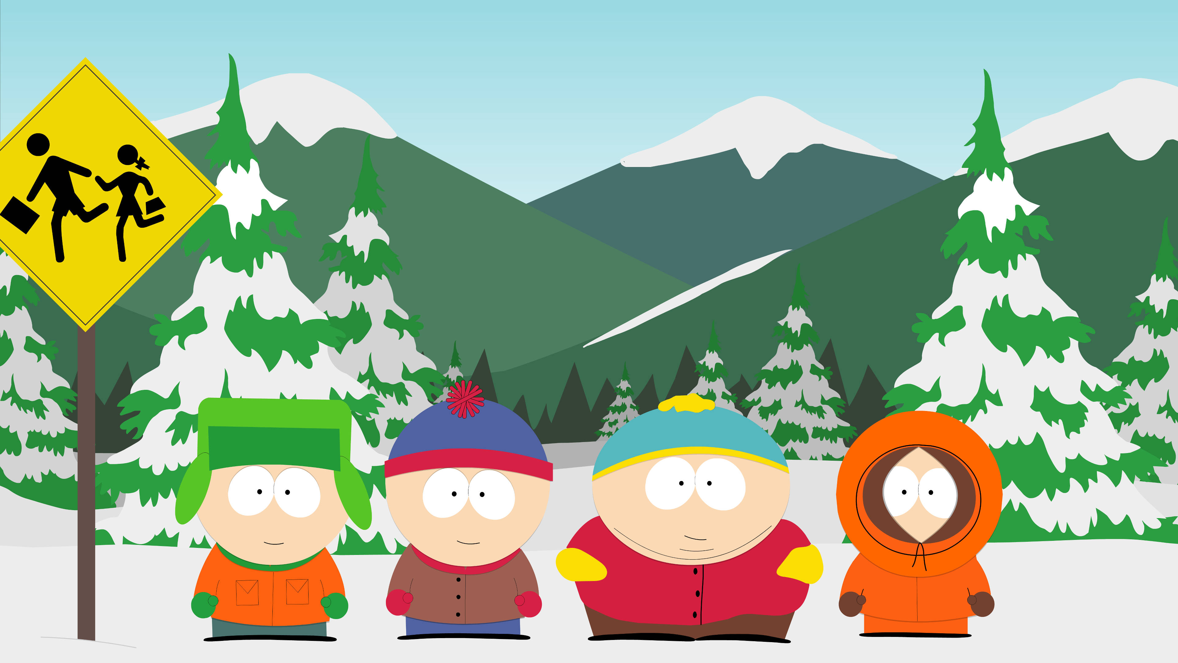 South Park, winter gear, snow-dusted pine trees, 4K Desktop Wallpaper