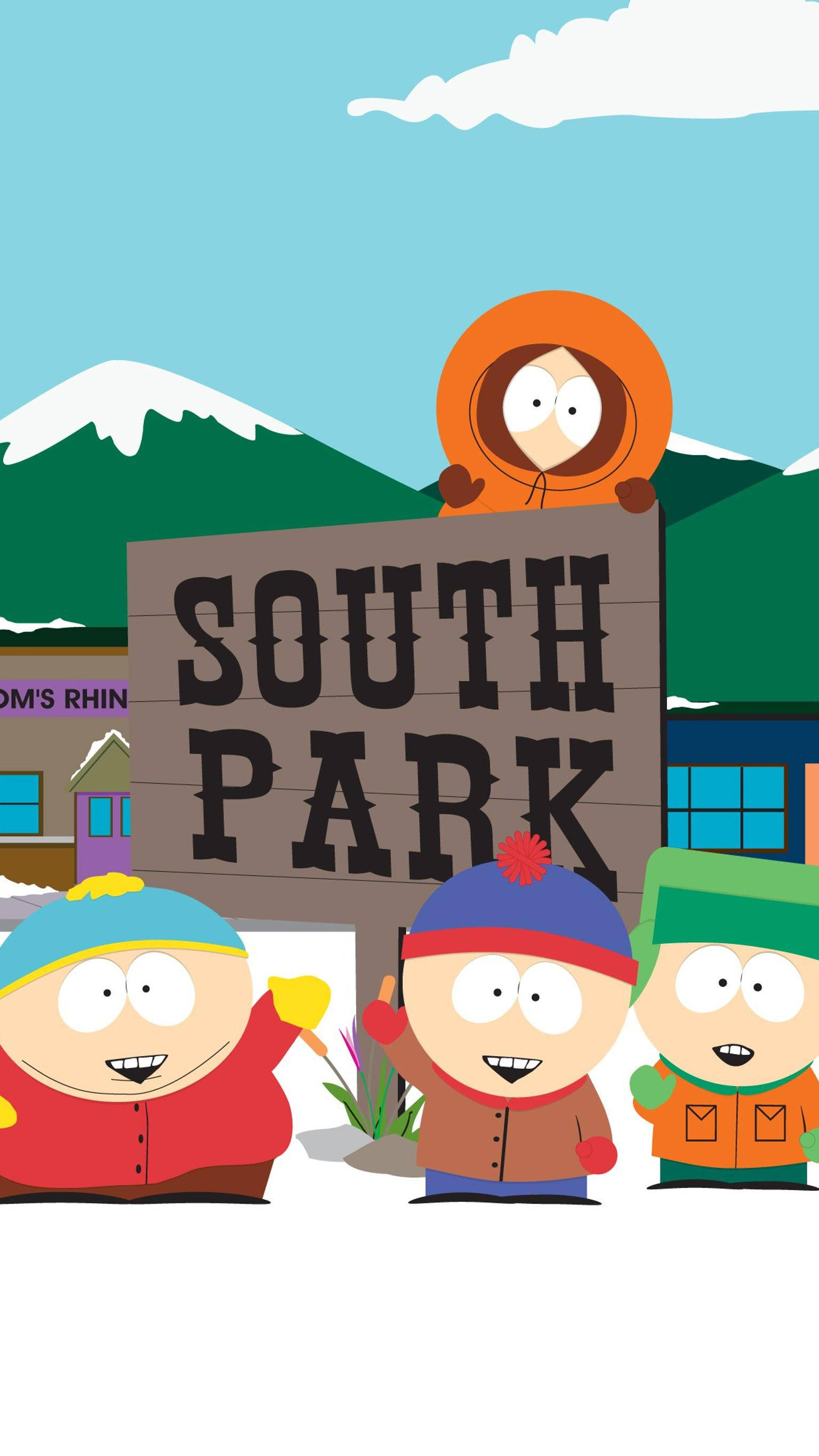 South Park, SOUTH PARK sign, snow-capped mountains, 2K Phone Wallpaper