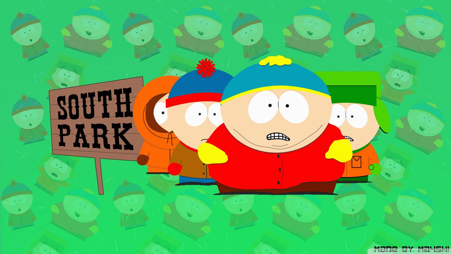 South Park, green background, four cartoon boys, Full HD Desktop Wallpaper