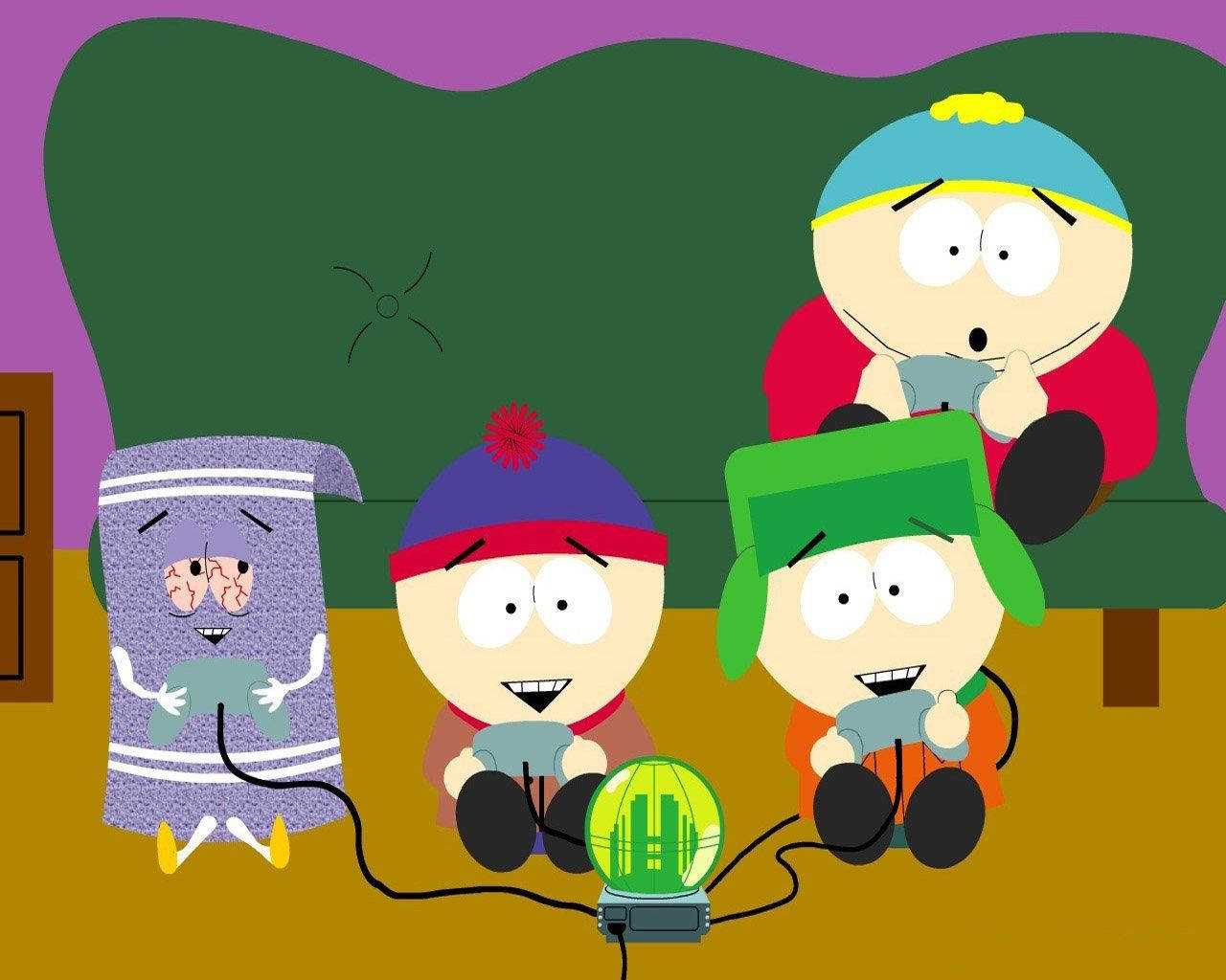 South Park characters, video game, glowing green console, HD Desktop Wallpaper