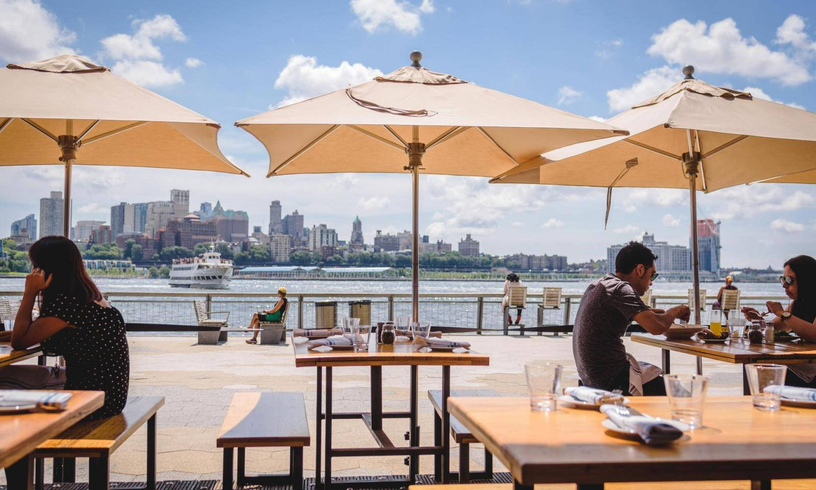 South Street Seaport, beige umbrellas, riverside patio, HD Desktop Wallpaper