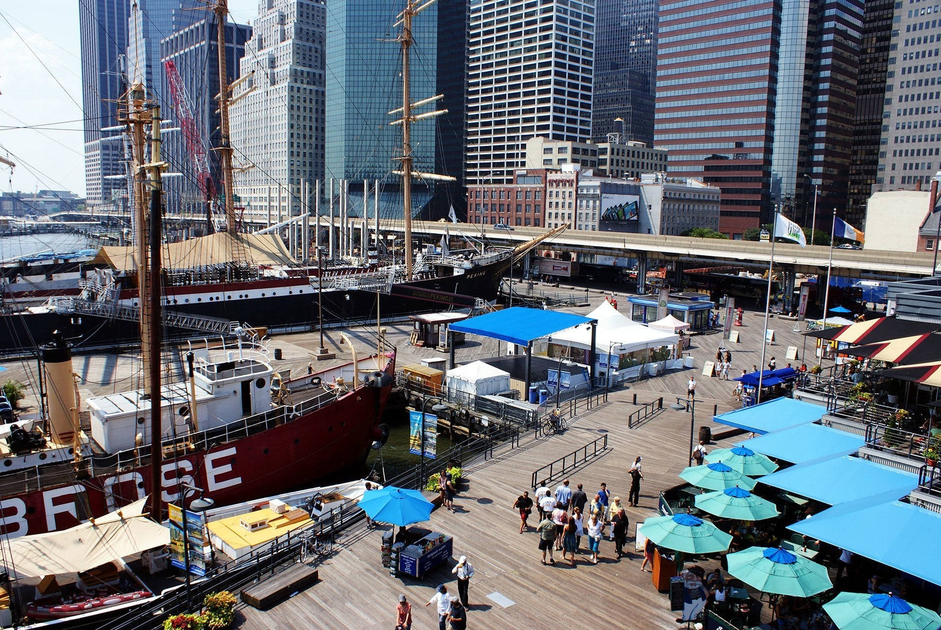 South Street Seaport, blue umbrellas, historic ships, HD Desktop Wallpaper