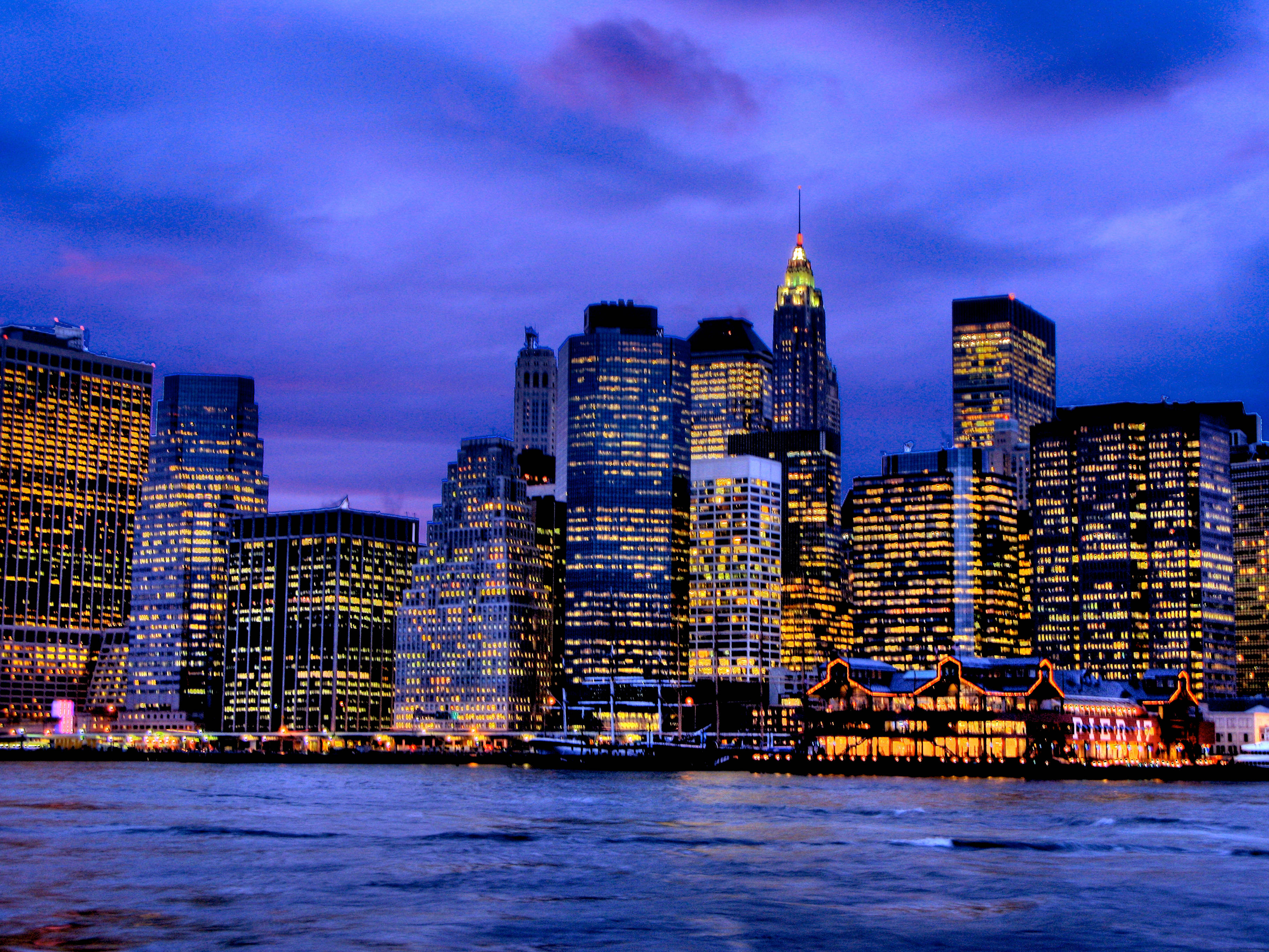 South Street Seaport, night time, purple sky, 2K Desktop Wallpaper
