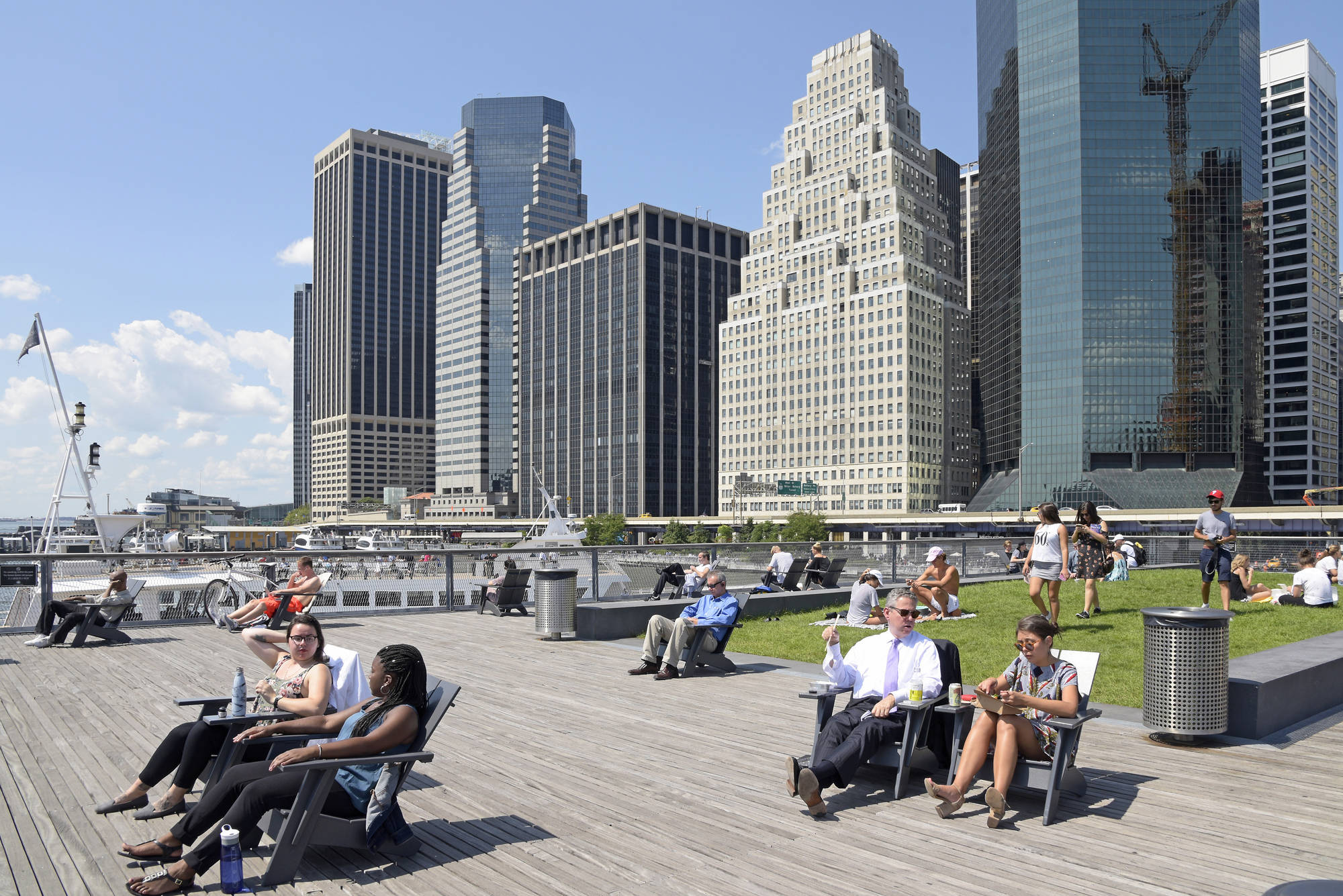 South Street Seaport, wooden decking, grassy areas, Full HD Desktop Wallpaper
