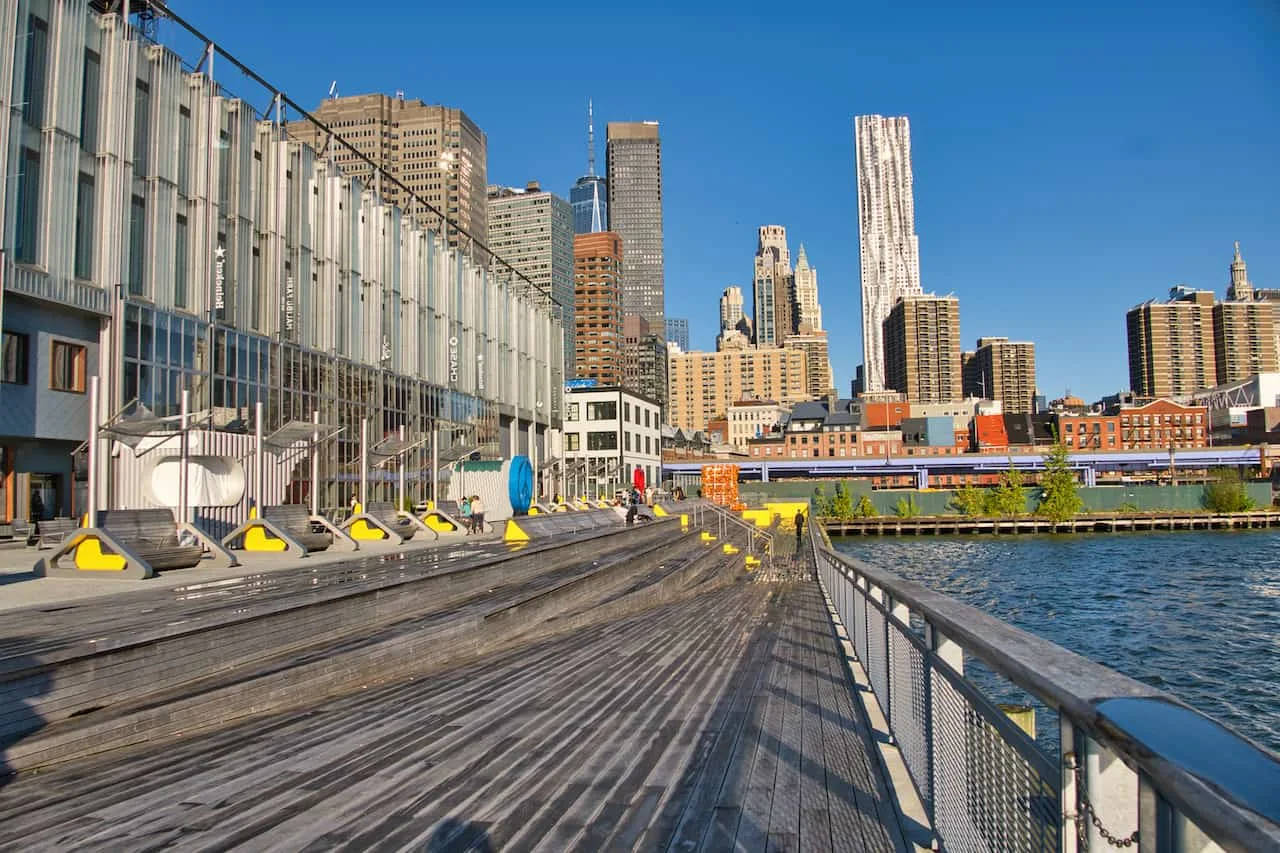 South Street Seaport, blue sky, wooden pier, HD Desktop Wallpaper