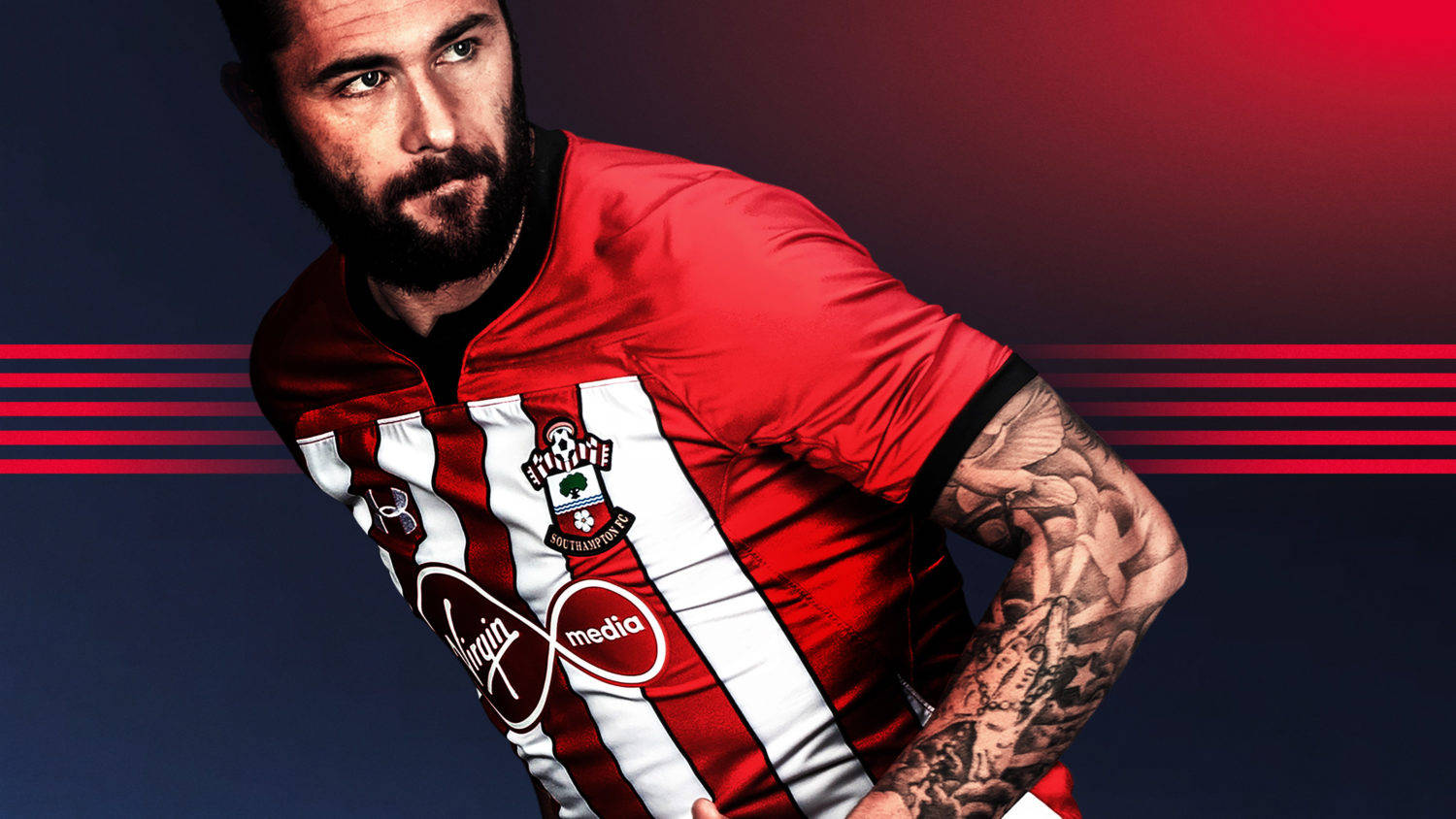 Southampton FC, red and white striped jersey, bearded footballer, HD Desktop Wallpaper