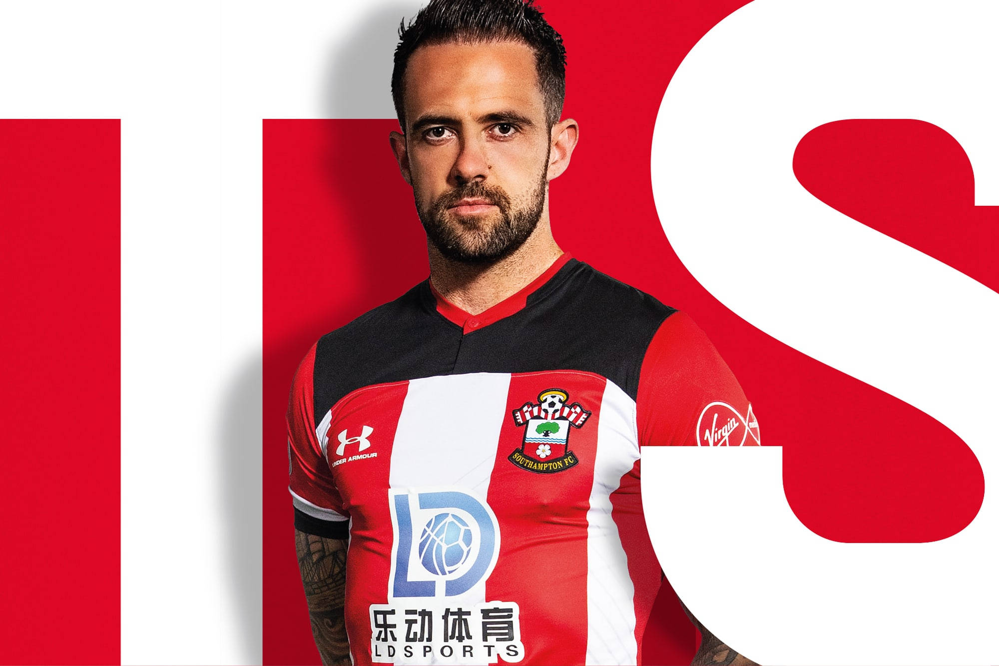 Southampton FC, red and white striped jersey, bold red and white graphic background, Full HD Desktop Wallpaper