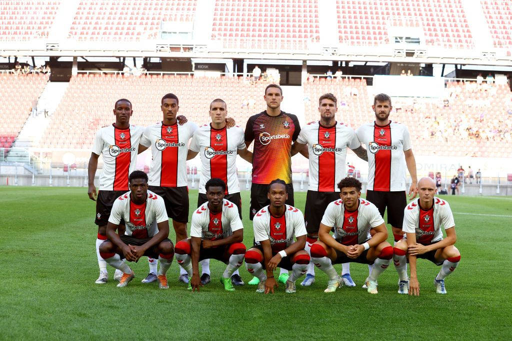 Southampton FC, white and red jerseys, green pitch, SD Desktop Wallpaper