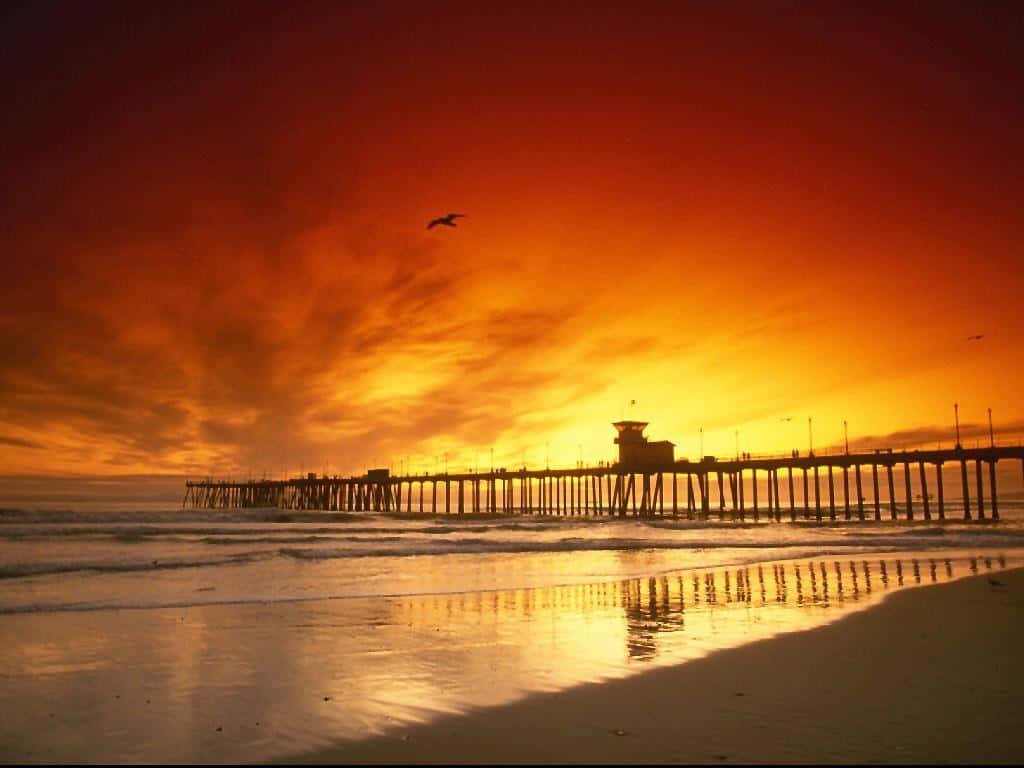 Southern California, glowing orange water, fiery sunset sky, SD Desktop Wallpaper