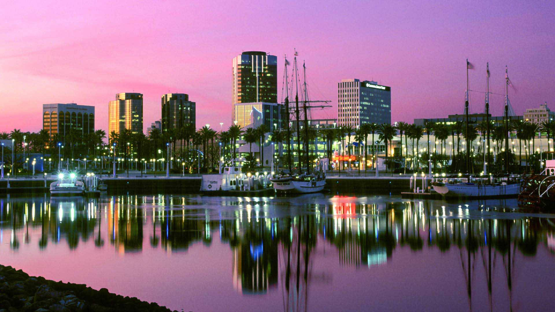 Long Beach California, twilight harbor scene, city skyscrapers, Full HD Desktop Wallpaper