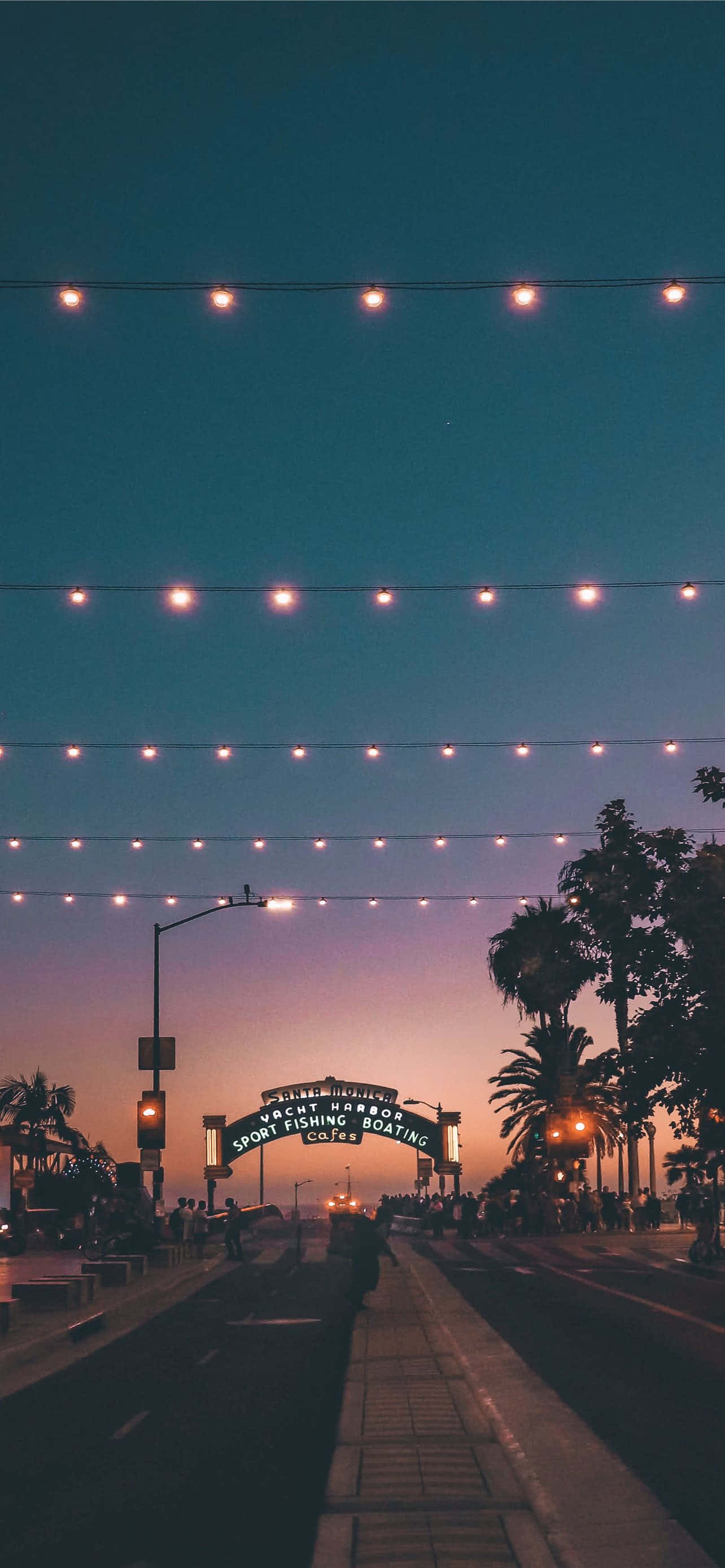 California aesthetic, palm-lined pier, twilight, 2K Phone Wallpaper