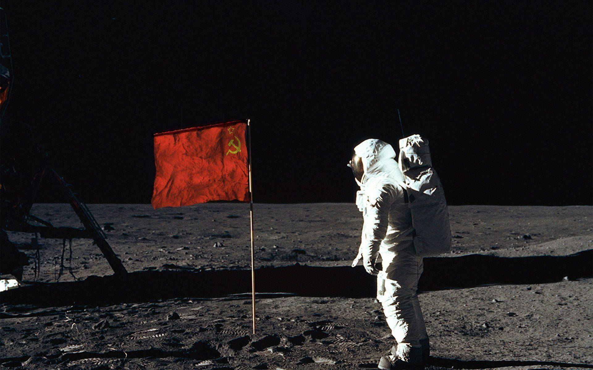 Soviet Union Flag, moon, astronaut, Full HD Desktop Wallpaper