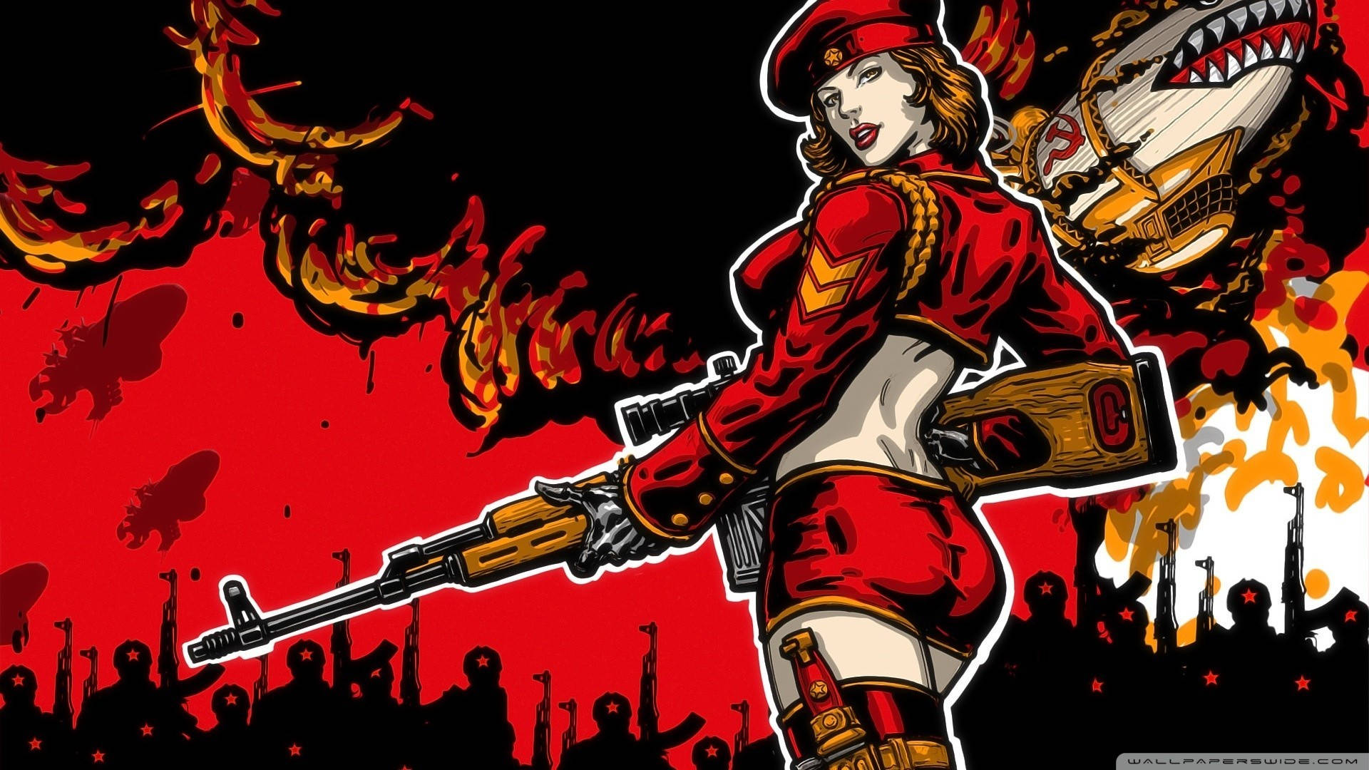 Soviet Union Flag, red uniform, rifle, Full HD Desktop Wallpaper