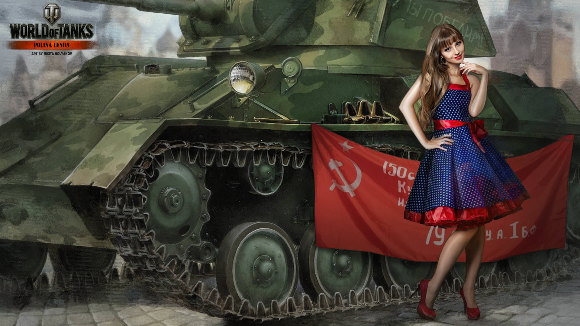 Soviet Union Flag, green military tank, blue polka-dot dress, Full HD Desktop Wallpaper
