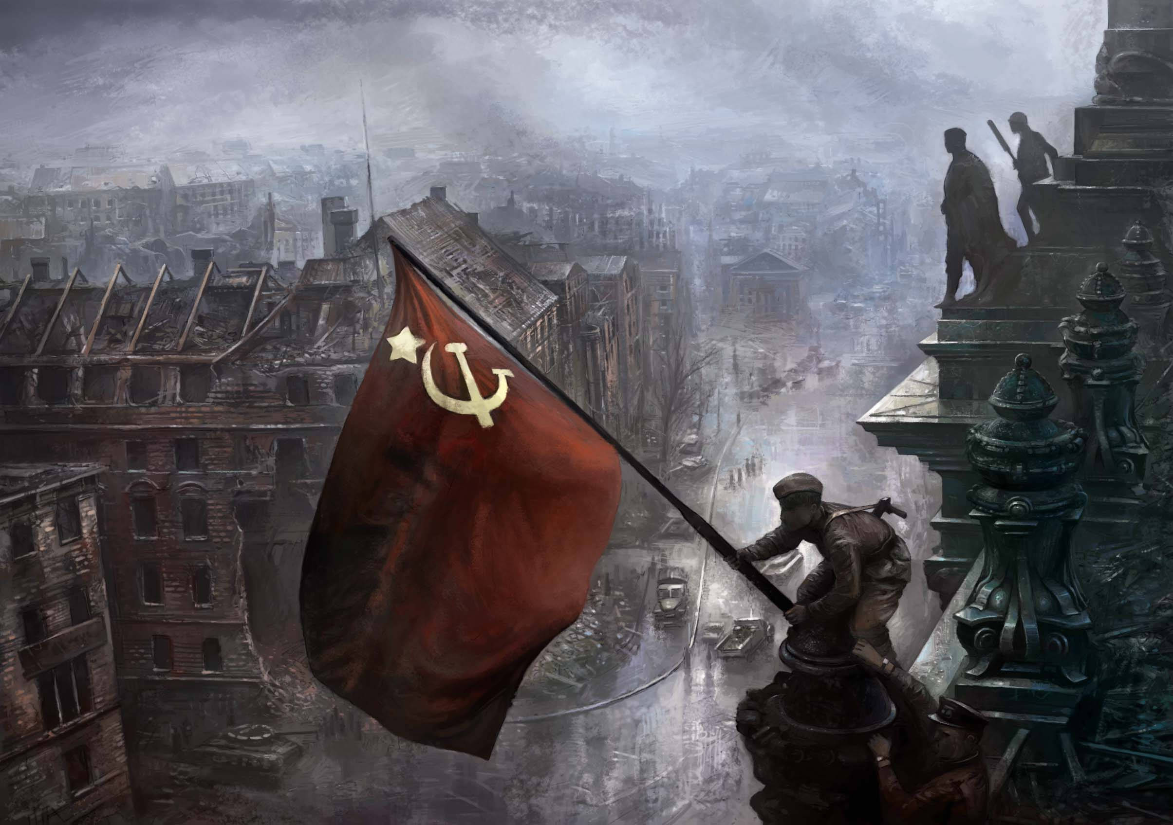 Soviet flag, war zone, ruined cityscape, Full HD Desktop Wallpaper