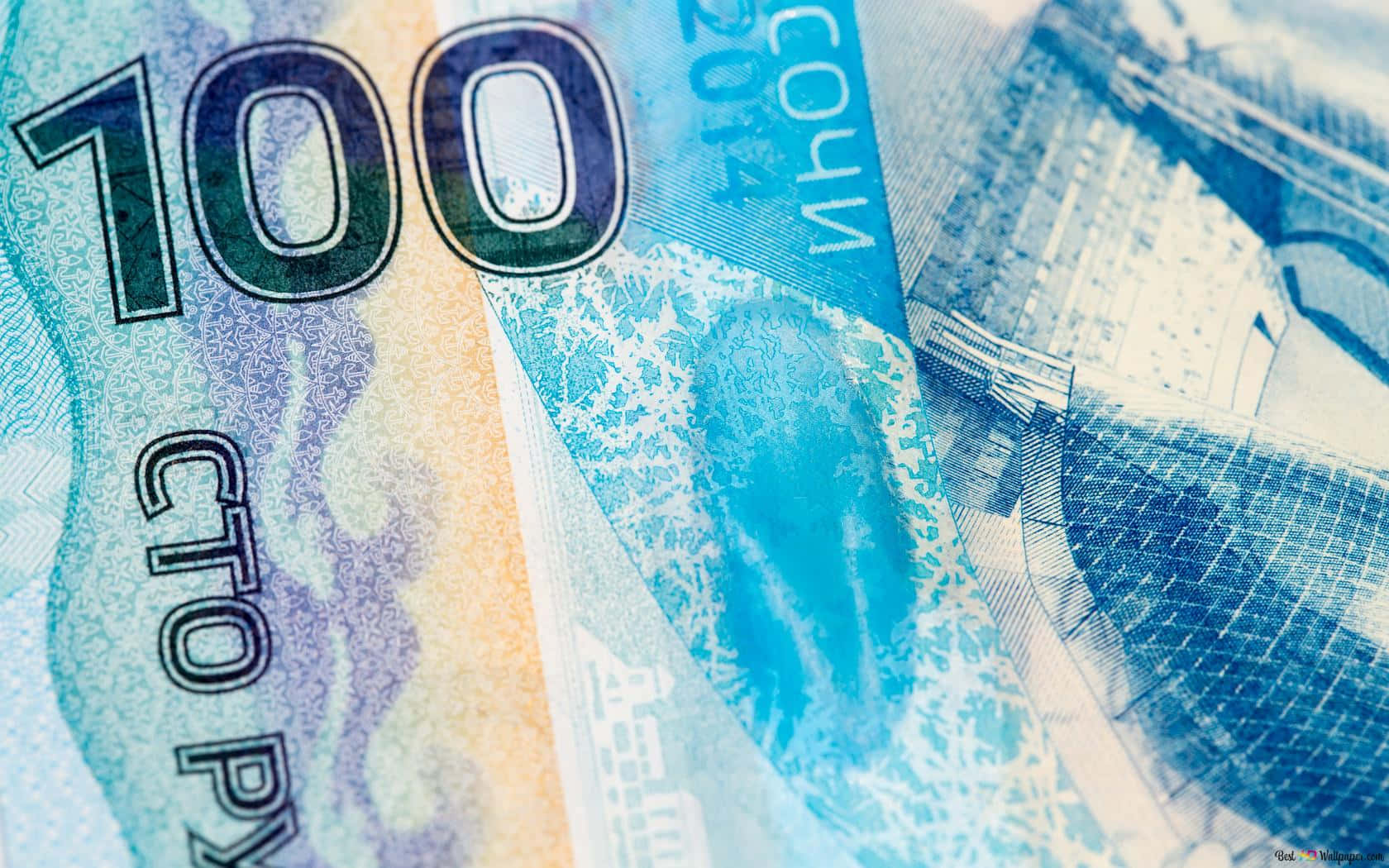 100 Russian ruble banknote, blue and green security patterns, text, HD Desktop Wallpaper