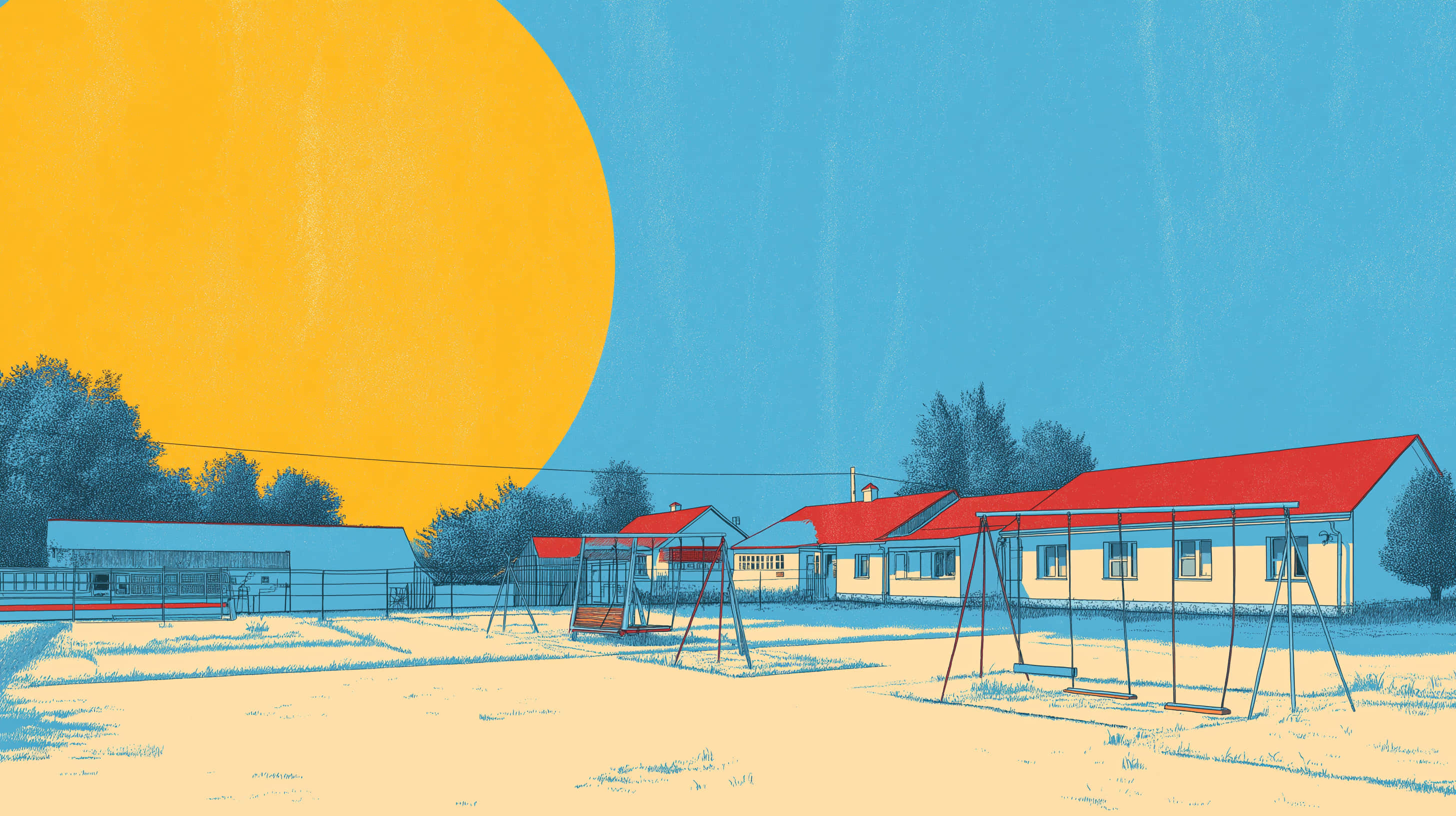 Soviet era playground, red-roofed buildings, giant yellow sun, 2K Desktop Wallpaper