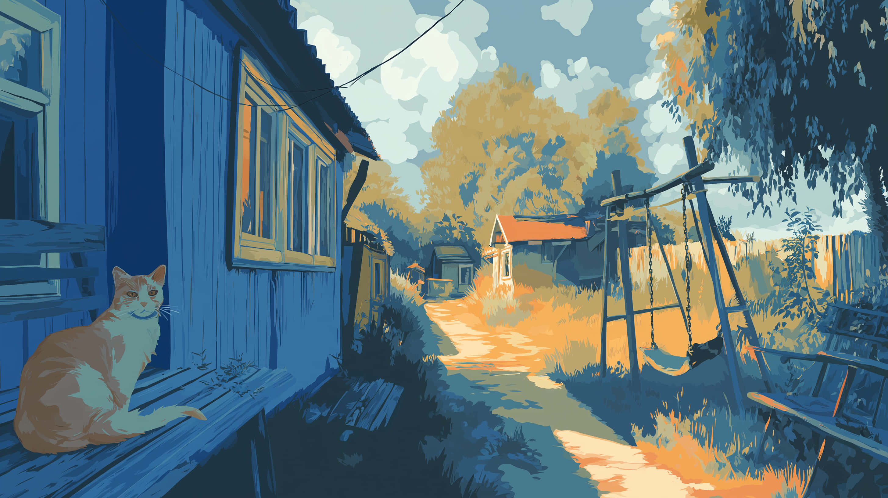ginger cat, blue wooden porch, sunlit path, 2K Desktop Wallpaper
