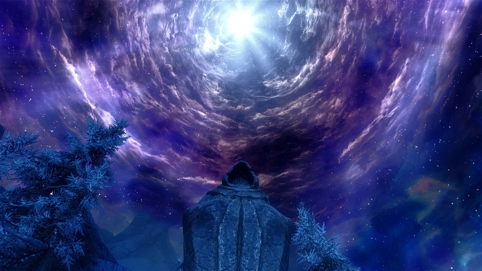 Sovngarde, hooded figure, swirling cosmic sky, HD Desktop Wallpaper