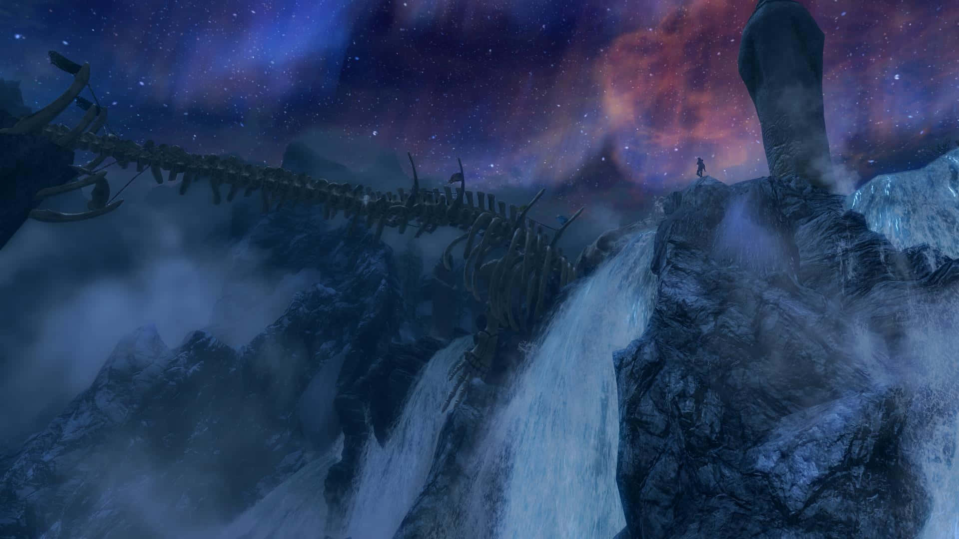 Sovngarde, snowy mountain peak, vibrant starry sky, Full HD Desktop Wallpaper