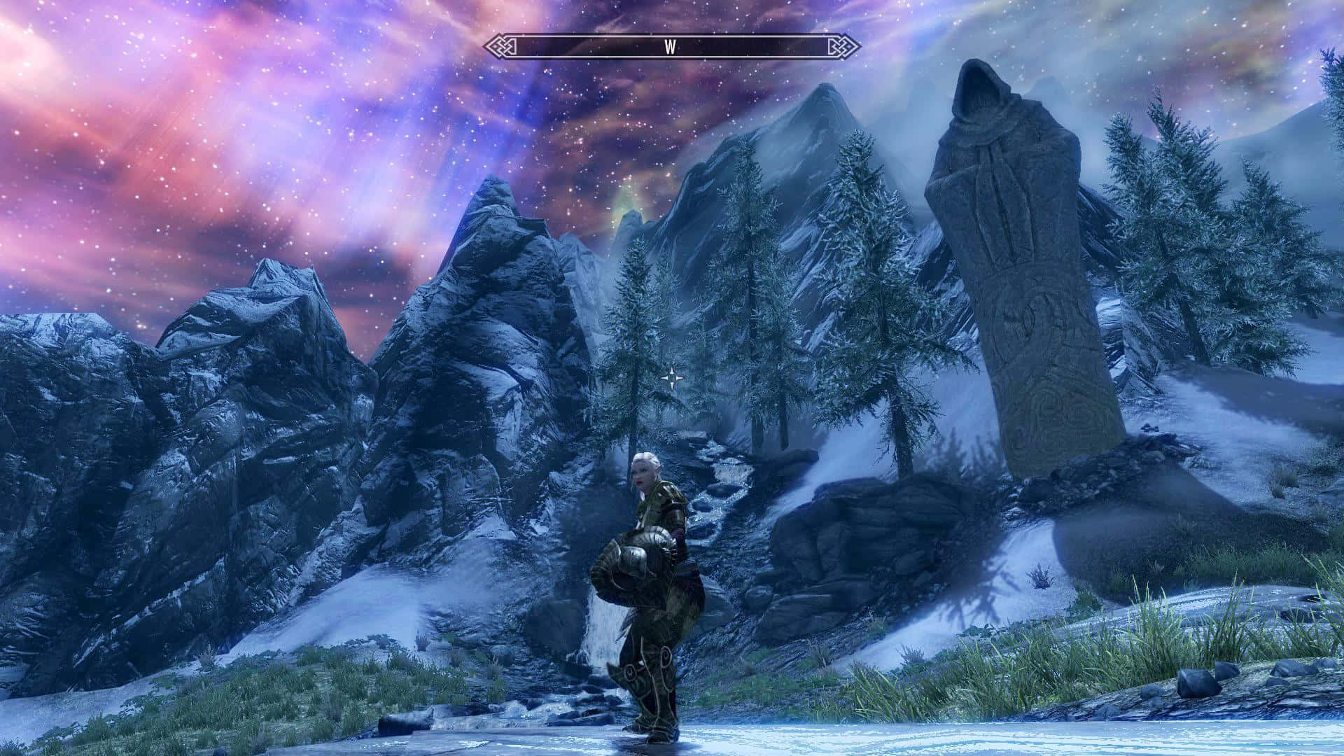 Sovngarde, stone monolith, snowy mountain valley, Full HD Desktop Wallpaper