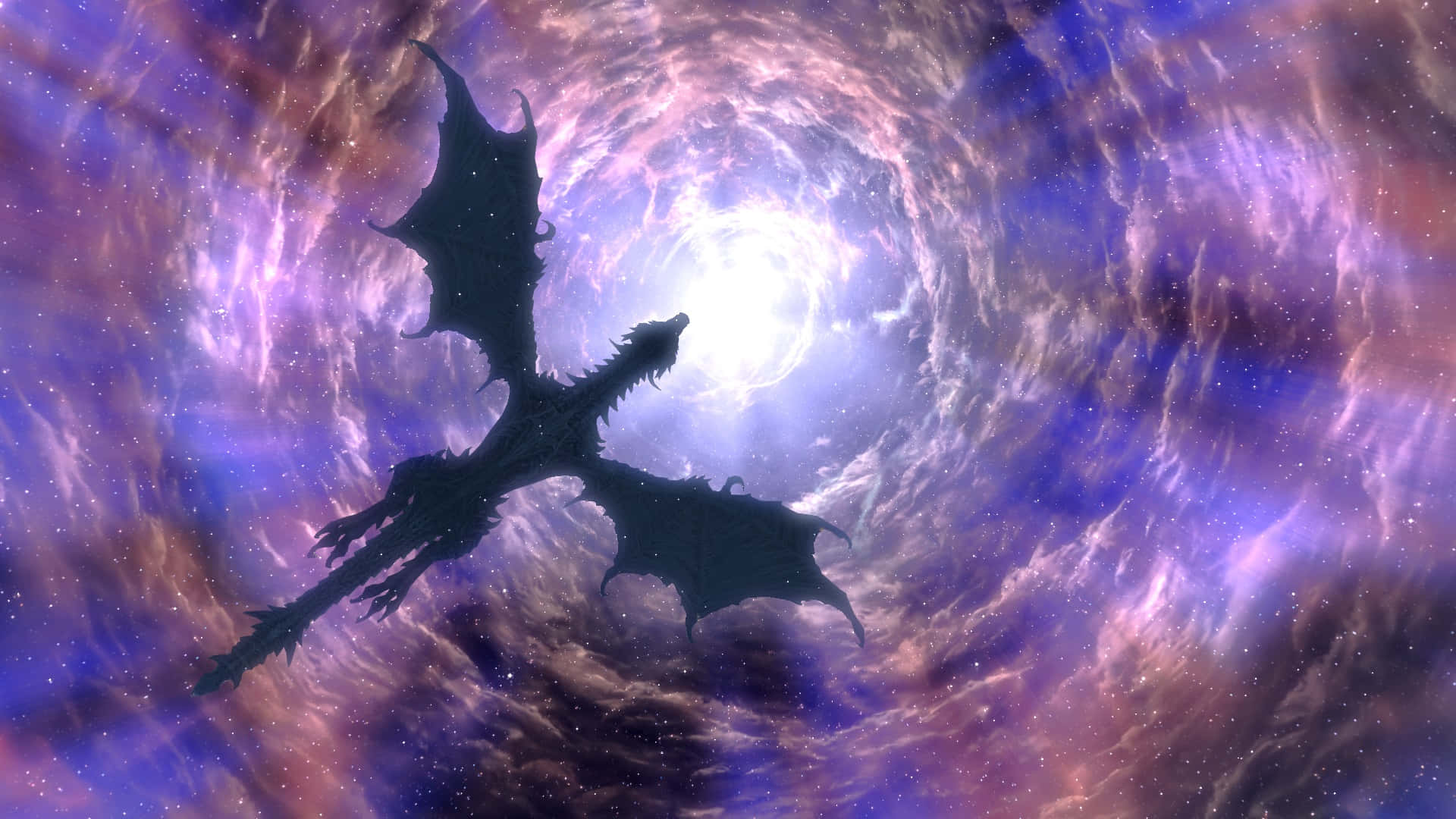 Sovngarde, dark dragon silhouette, swirling cosmic nebula, Full HD Desktop Wallpaper