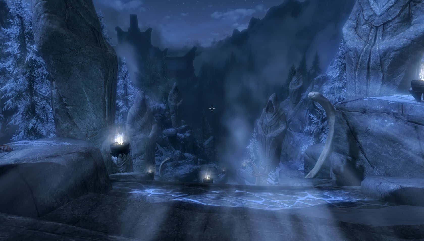 Sovngarde, misty snowy mountain pass, glowing lanterns, HD Desktop Wallpaper