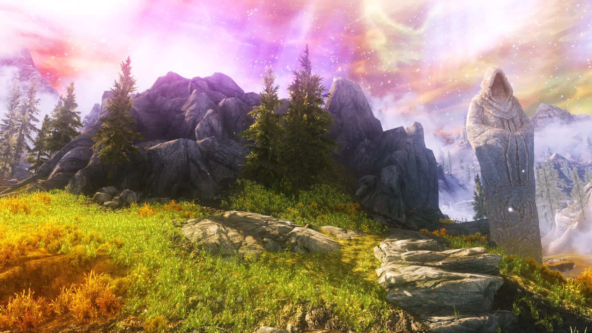 Sovngarde, stone statue, vibrant meadow, Full HD Desktop Wallpaper