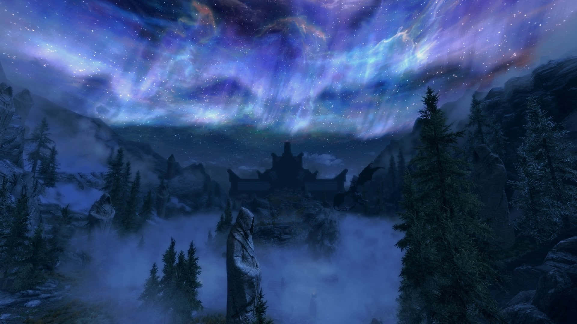 Sovngarde, aurora borealis, snowy mountains, Full HD Desktop Wallpaper