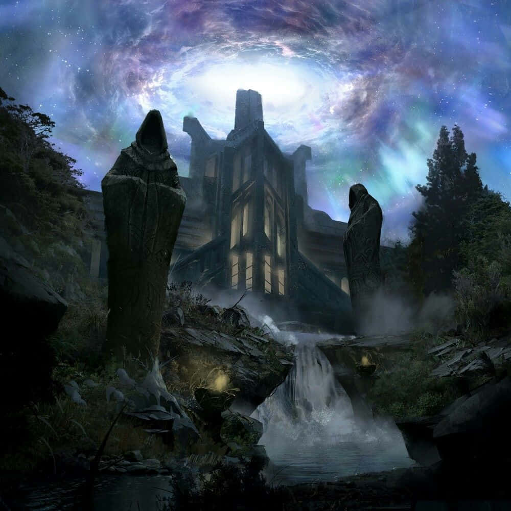 Sovngarde, glowing ruin, swirling cosmic sky, SD Desktop Wallpaper