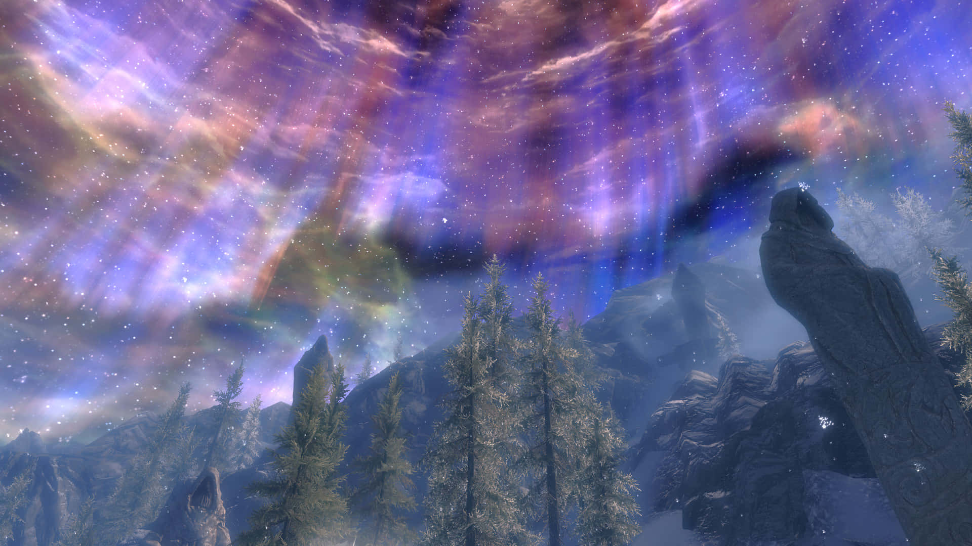 Sovngarde, snowy mountain landscape, vibrant cosmic sky, Full HD Desktop Wallpaper