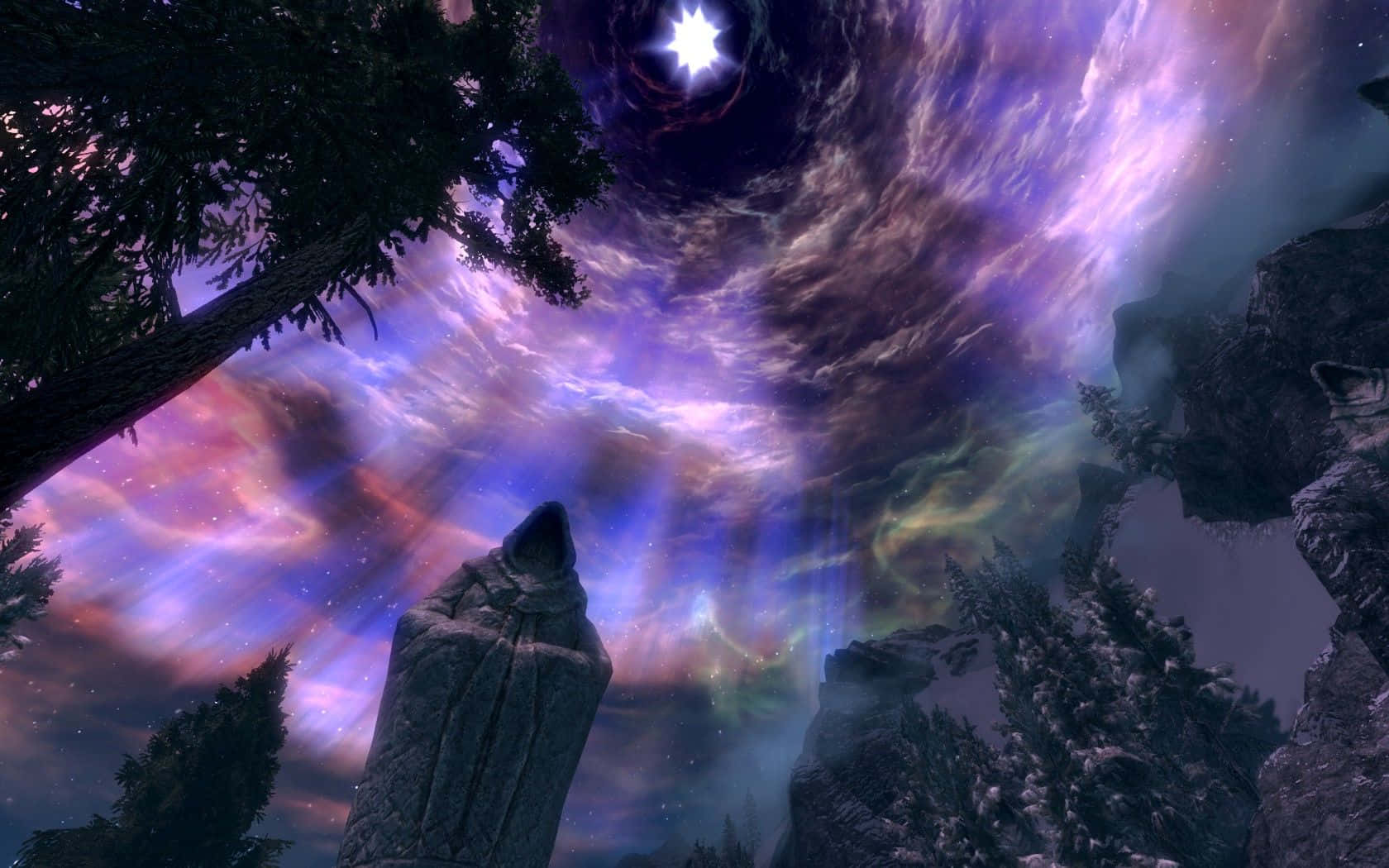 Sovngarde, mystical forest, swirling cosmic sky, HD Desktop Wallpaper