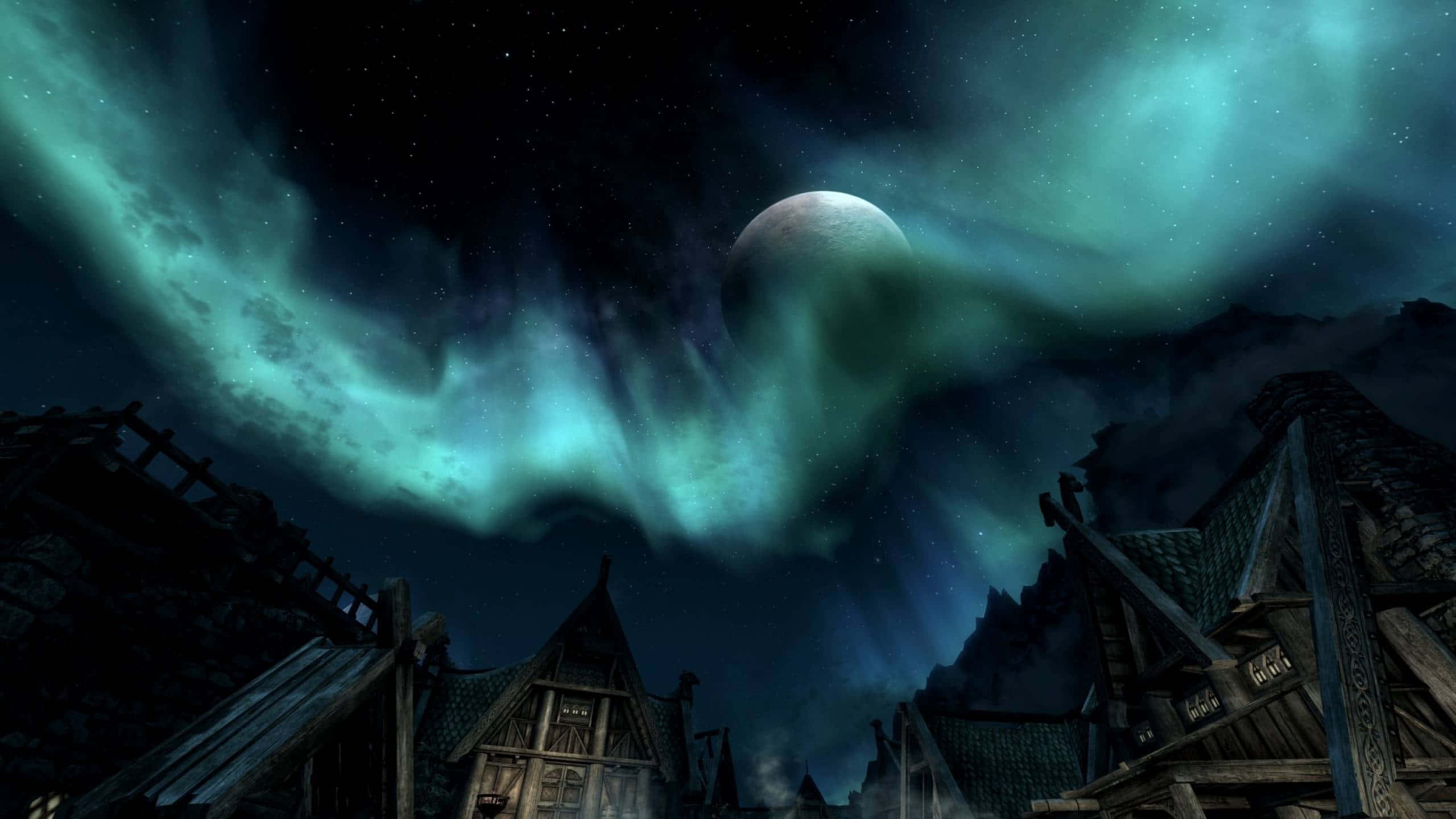 Sovngarde, glowing green aurora, large moon, 2K Desktop Wallpaper