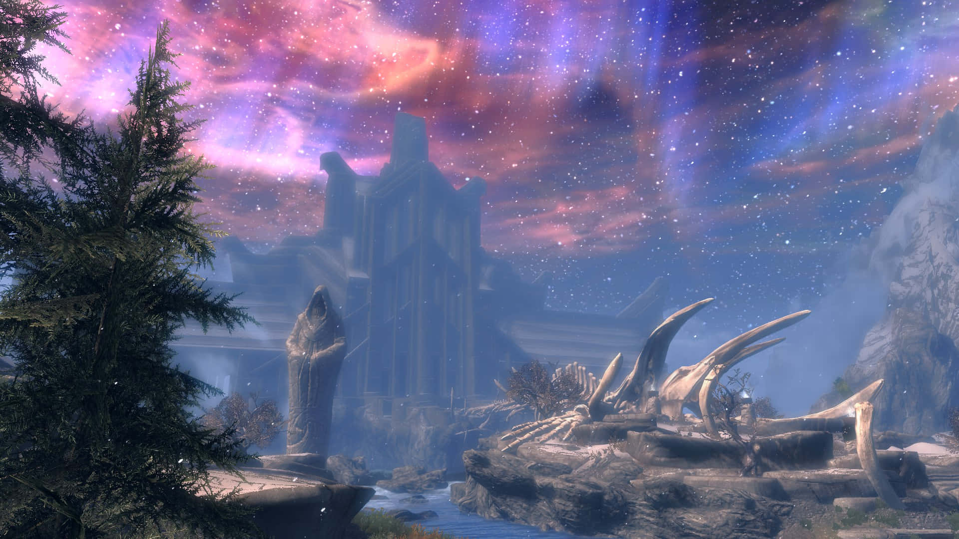 Sovngarde, celestial twilight, mystical ruin, Full HD Desktop Wallpaper
