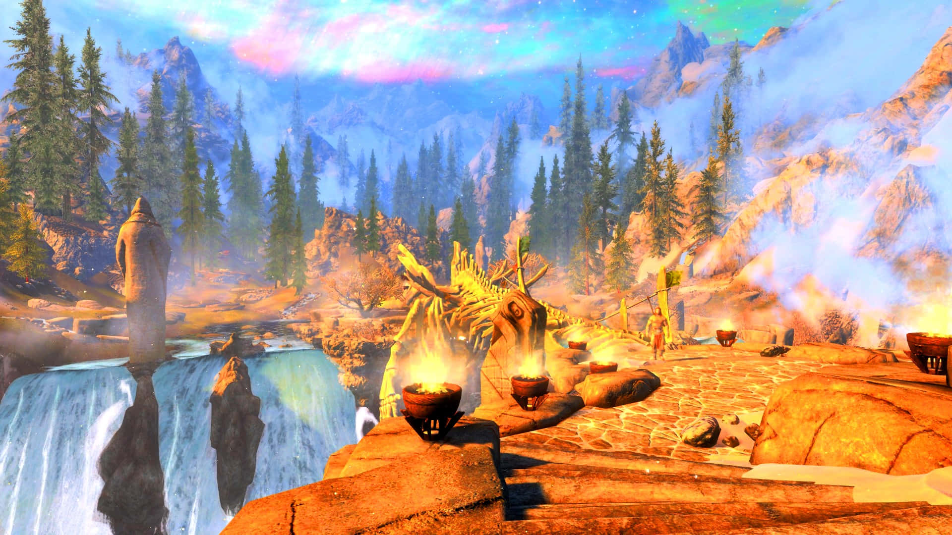 Sovngarde, twilight sky, cascading waterfalls, Full HD Desktop Wallpaper