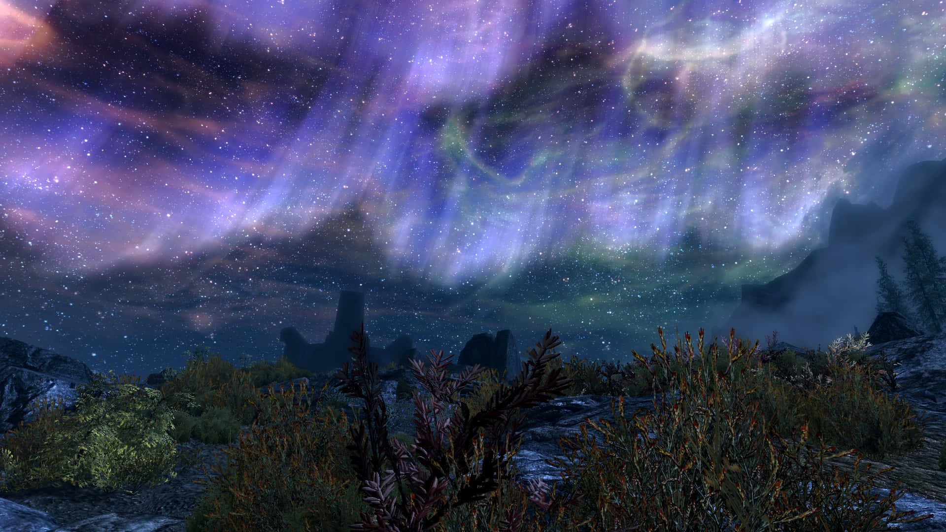 Sovngarde, aurora, starry night sky, Full HD Desktop Wallpaper