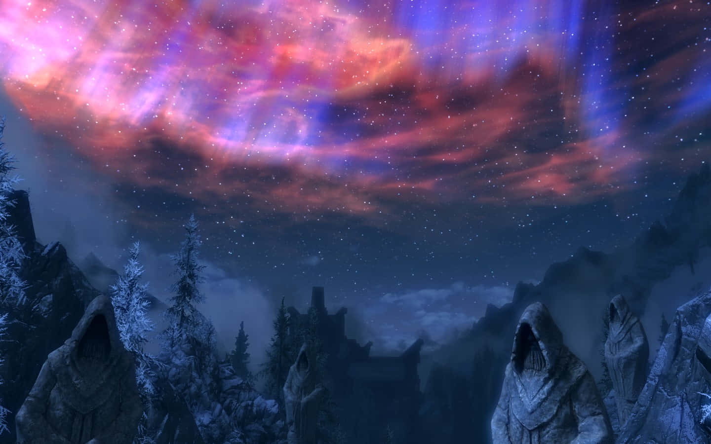 Sovngarde, snowy forest, vibrant cosmic sky, HD Desktop Wallpaper