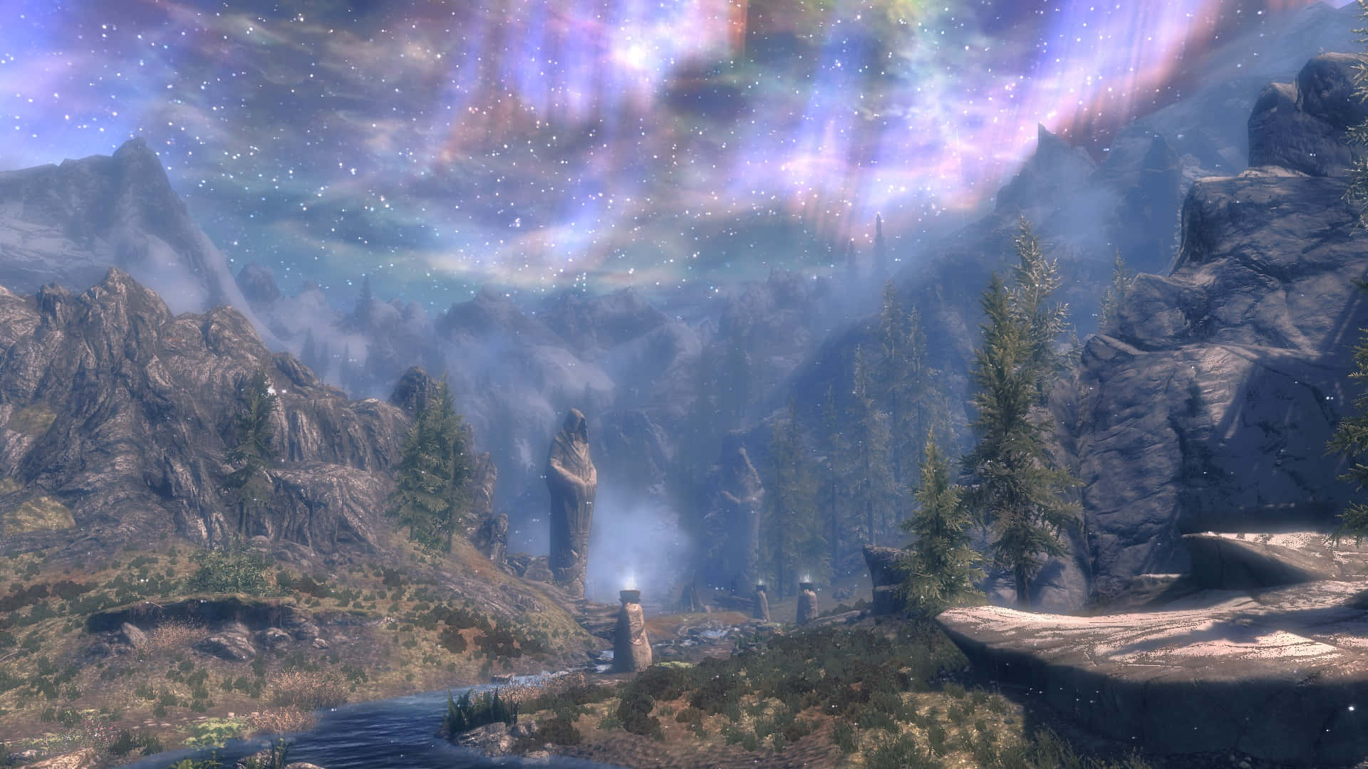 Sovngarde, aurora borealis, ancient stone pillars, Full HD Desktop Wallpaper