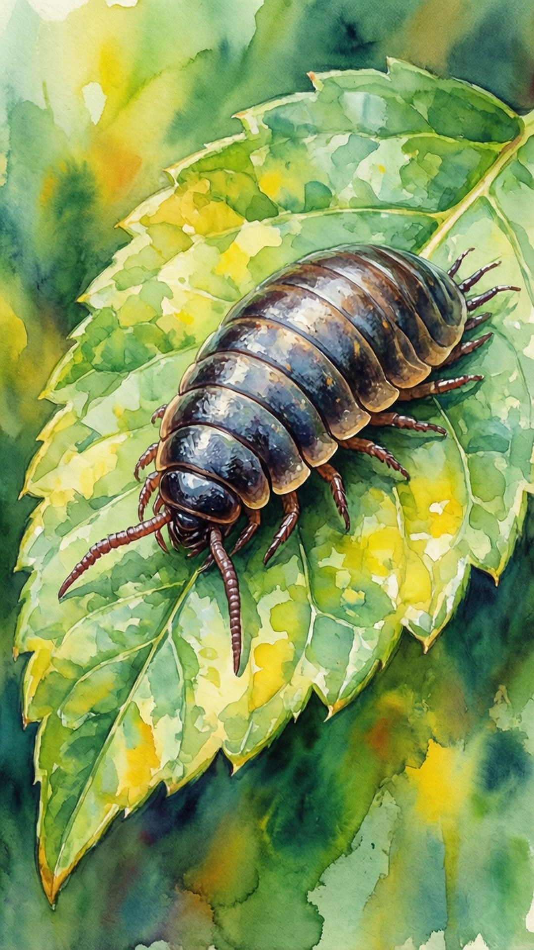 watercolor leaf crawler, dark segmented isopod, vibrant green leaf, Full HD Phone Wallpaper