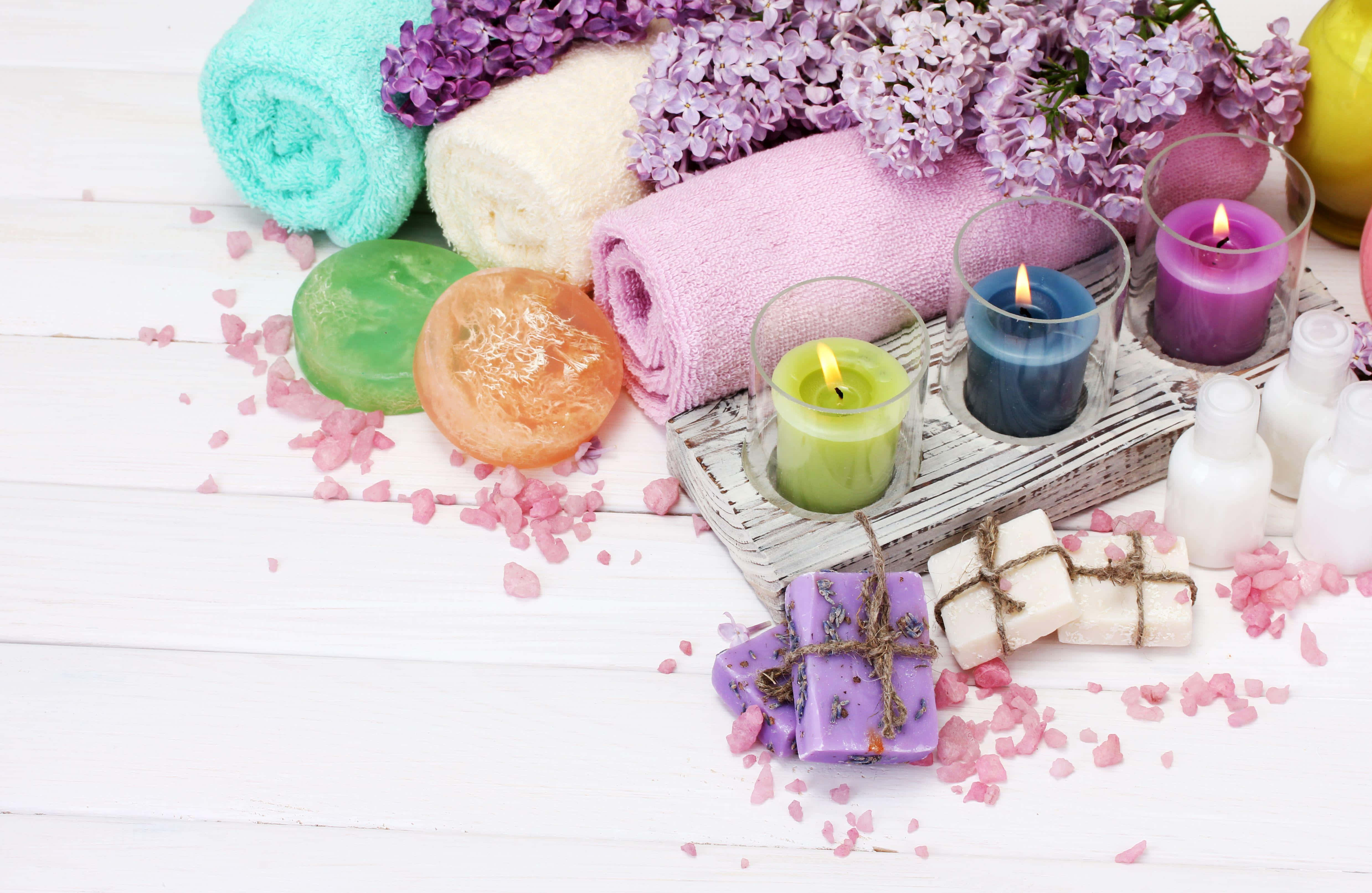 lilac flowers, candles, soaps, 4K Desktop Wallpaper