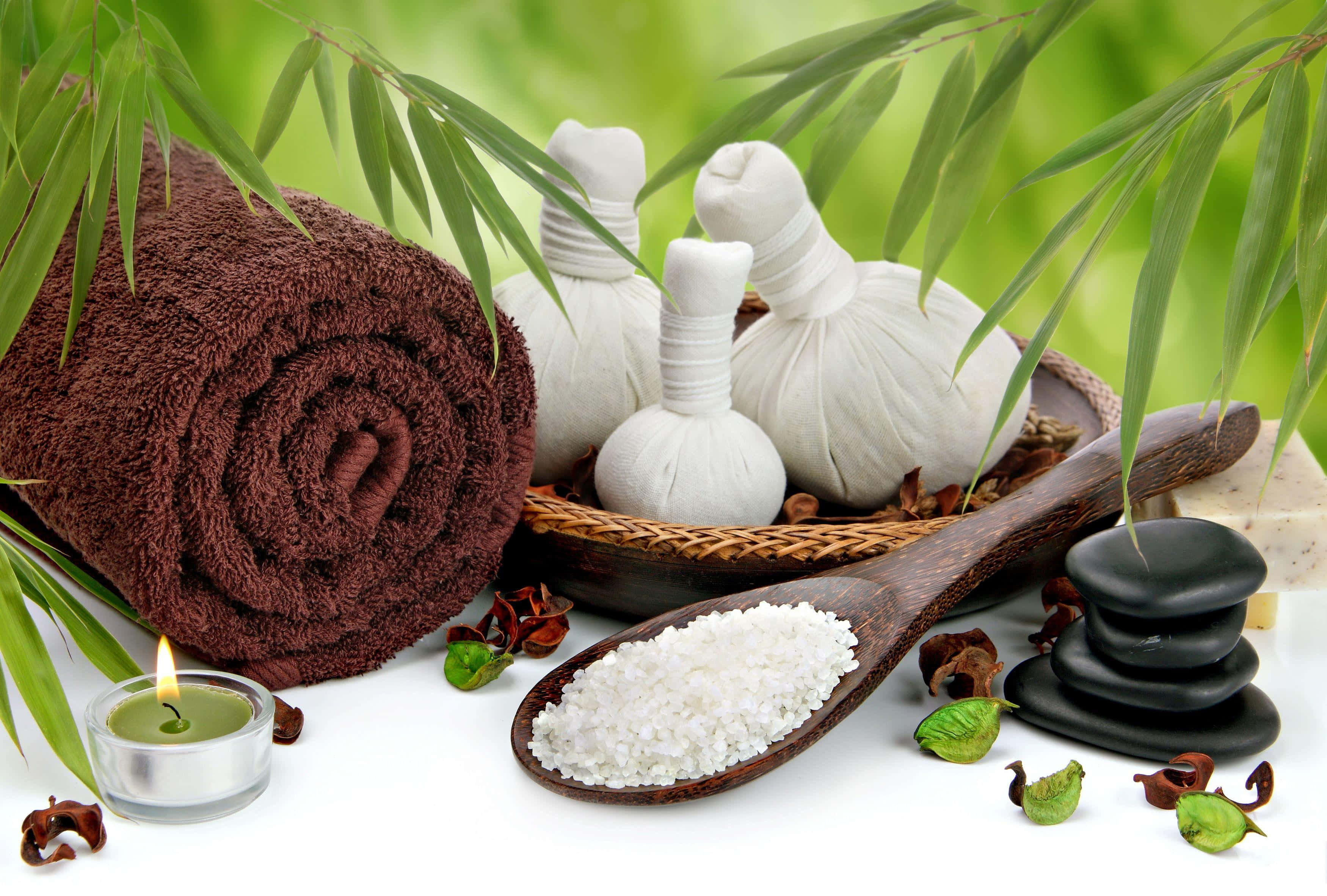Spa, brown towel, herbal massage balls, 2K Desktop Wallpaper