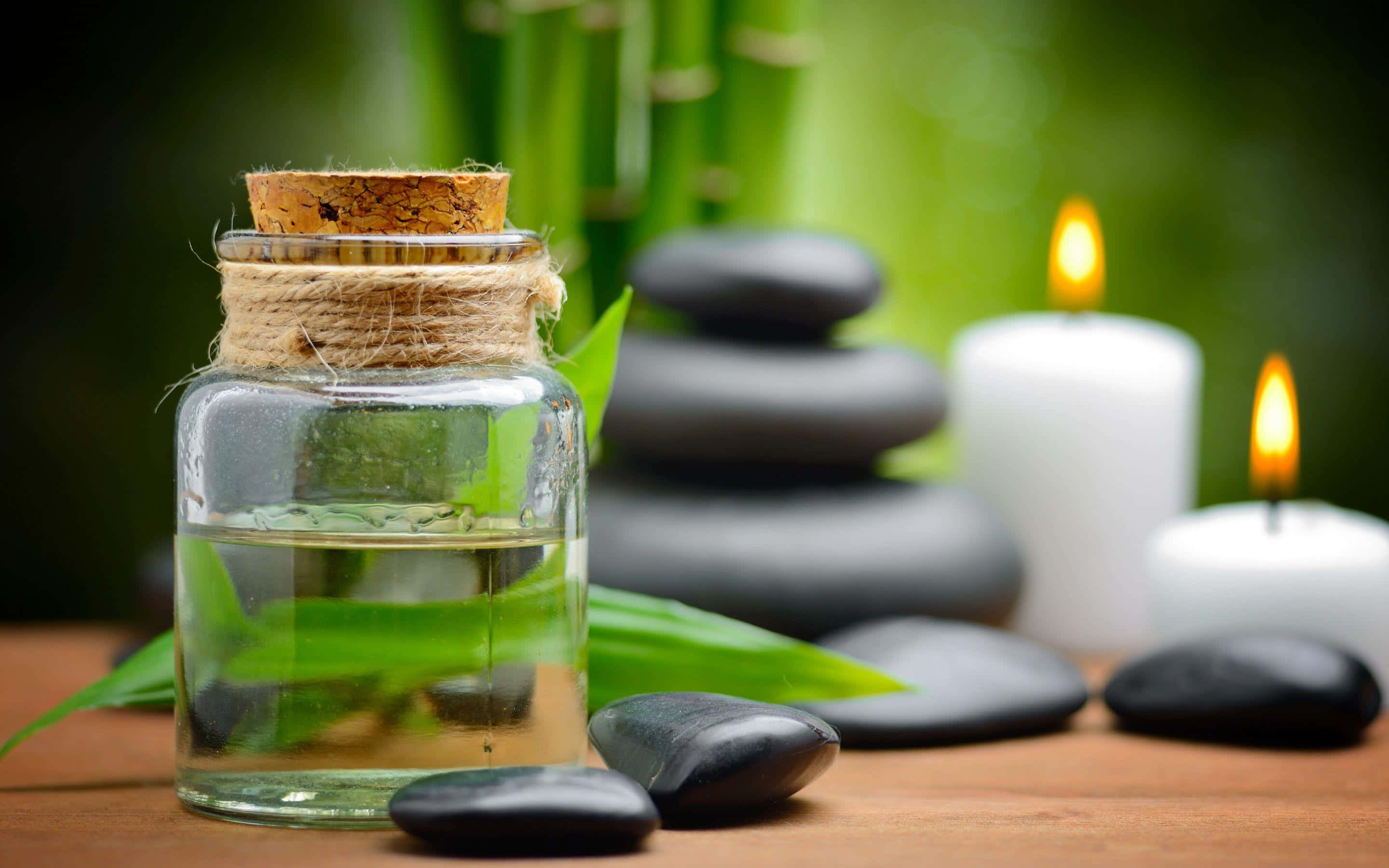 essential oil, spa stones, glass jar, 2K Desktop Wallpaper