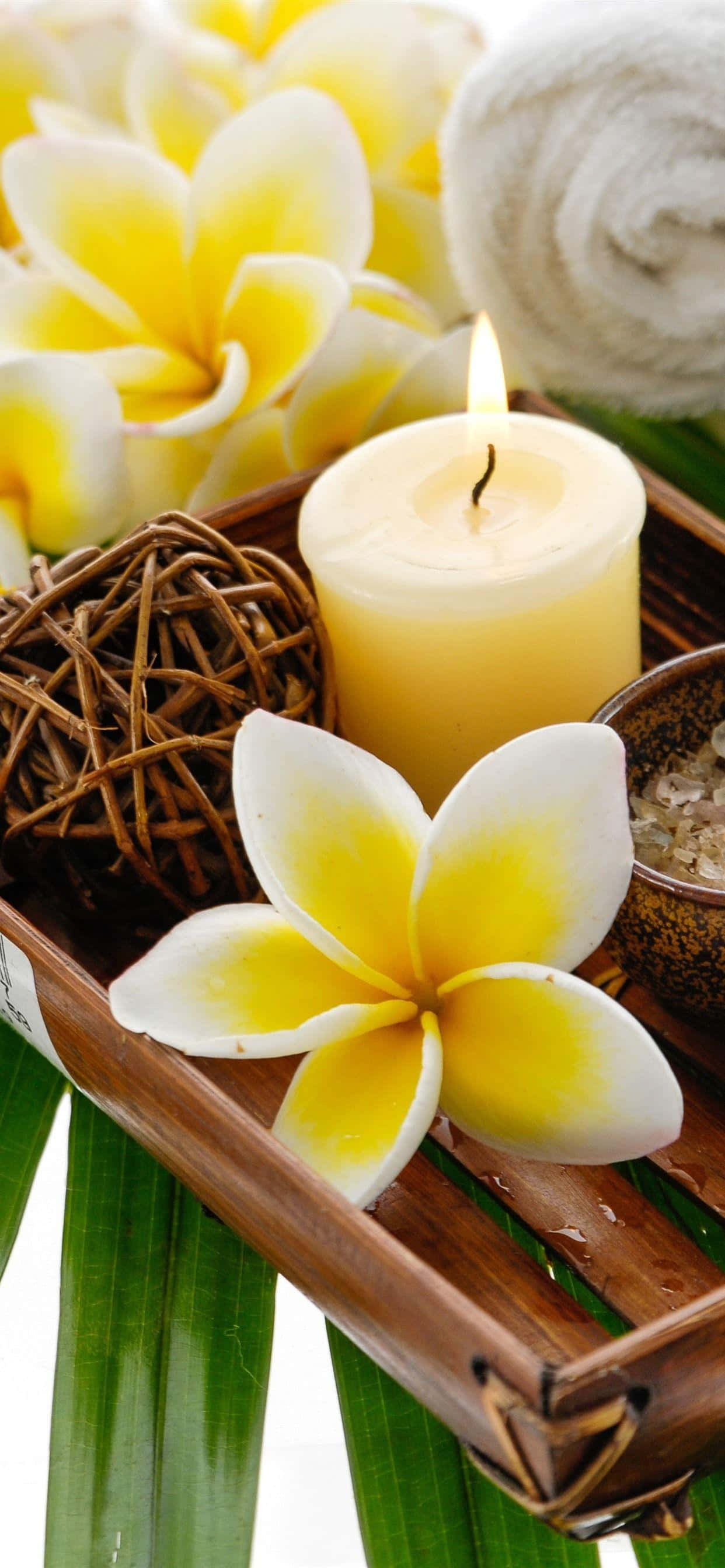spa, frangipani flowers, lit candle, 2K Phone Wallpaper