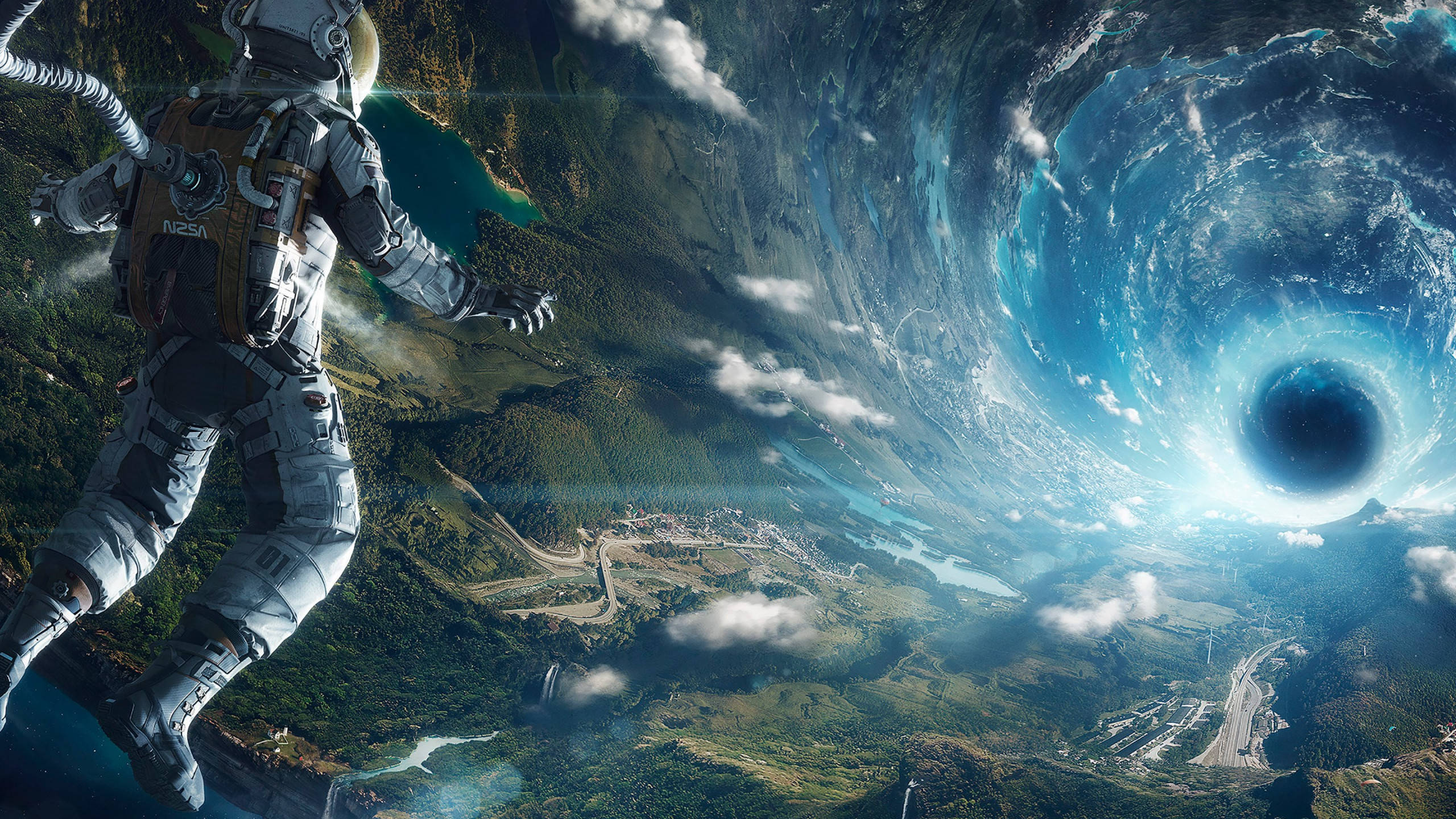astronaut, lush green planet, massive blue-black wormhole, 2K Desktop Wallpaper