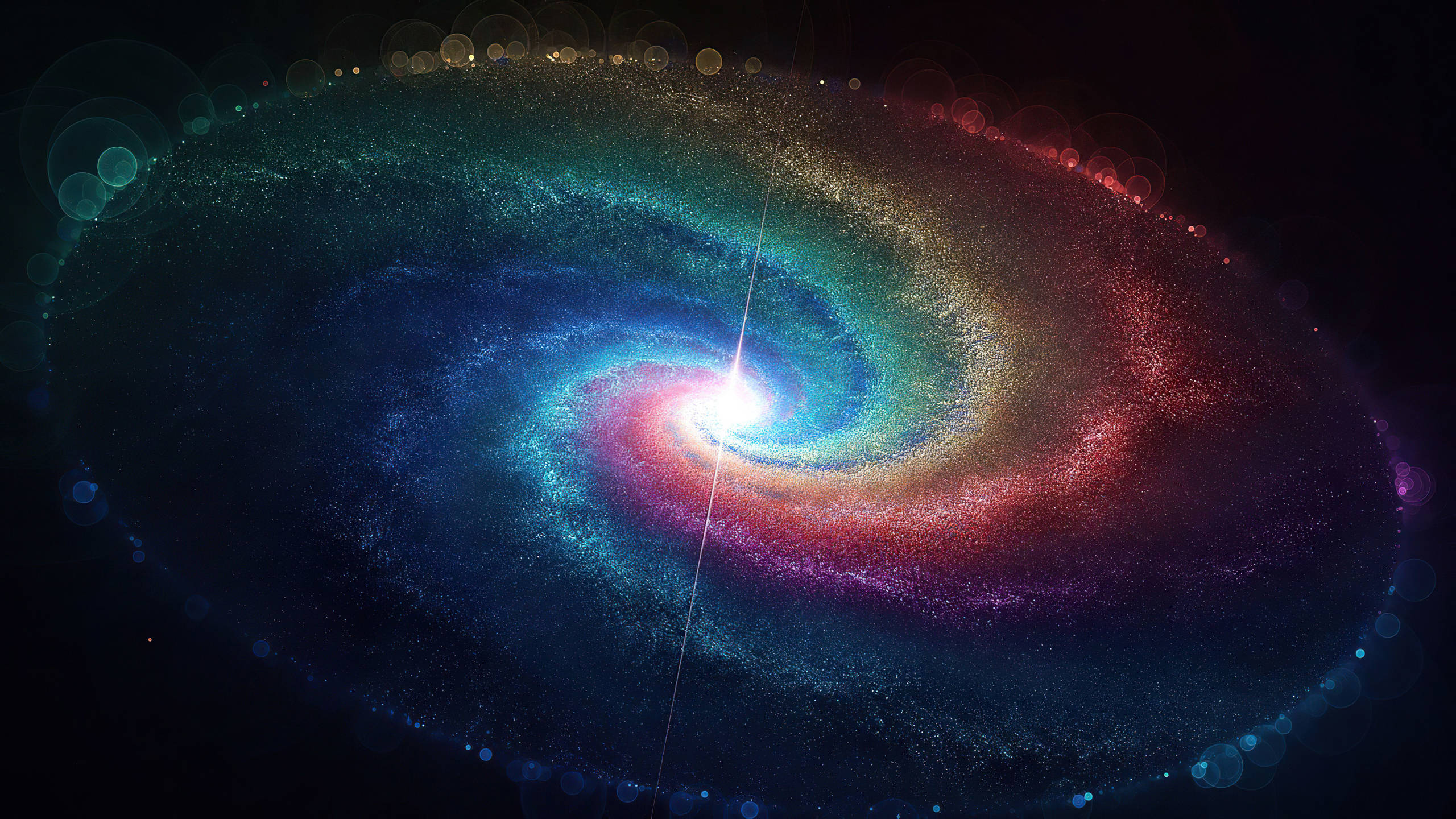 spiral galaxy, cosmic hues of blue green and red, dark void, 2K Desktop Wallpaper