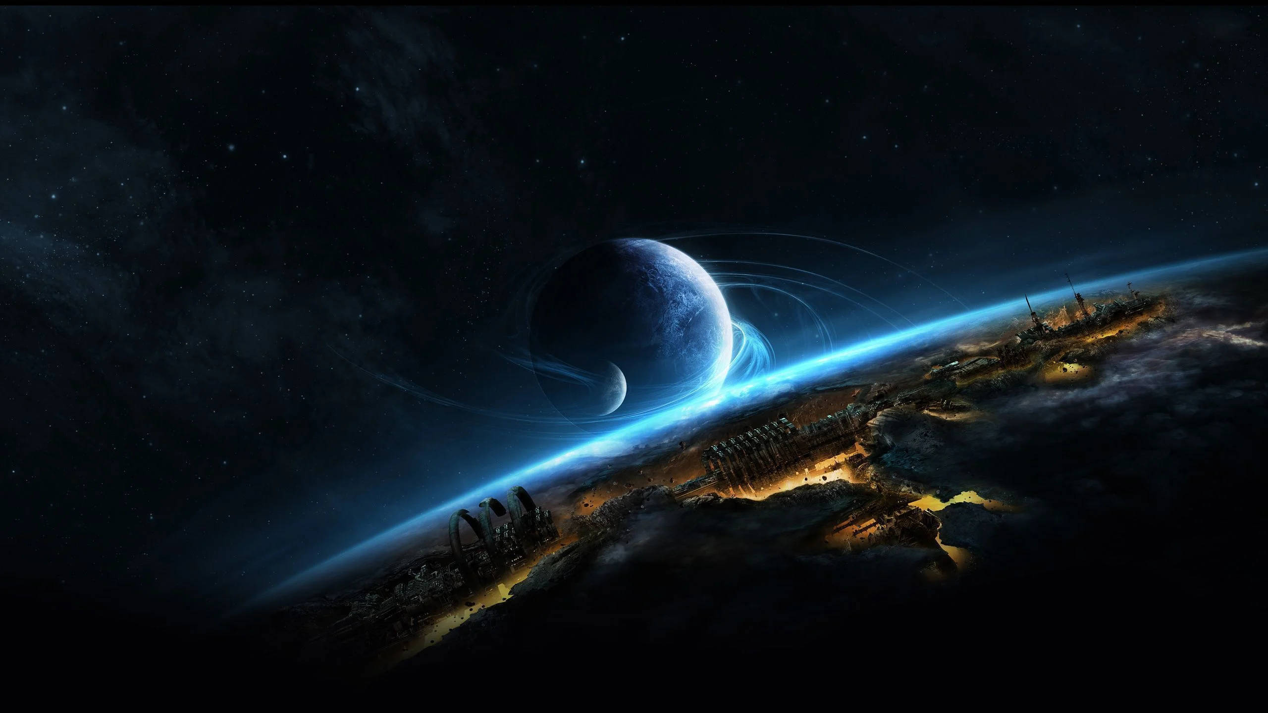 Space 2560x1440, futuristic space station, glowing blue planet, 2K Desktop Wallpaper