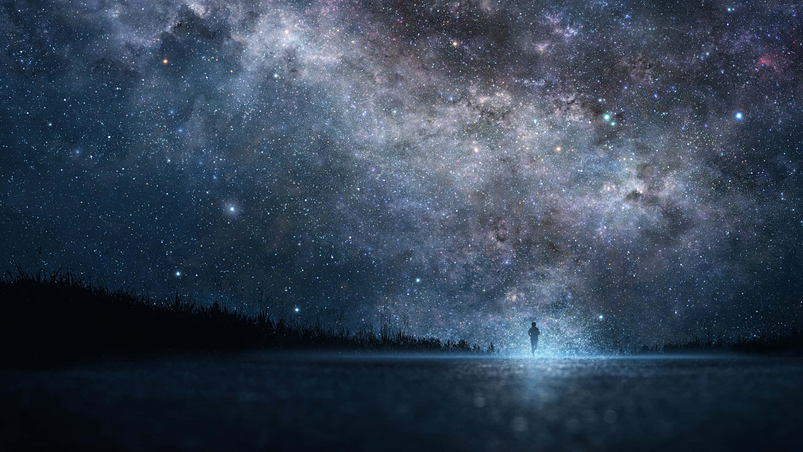 reflective lake, breathtaking starry night sky, cosmic dust, 2K Desktop Wallpaper