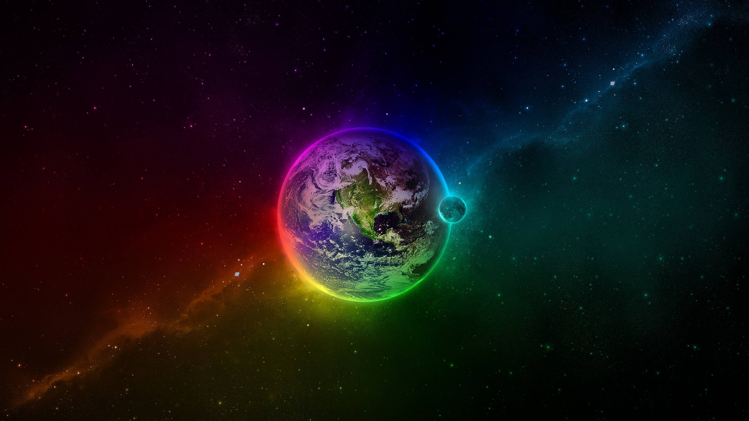 Earth, starry cosmic expanse, glowing moon, 2K Desktop Wallpaper