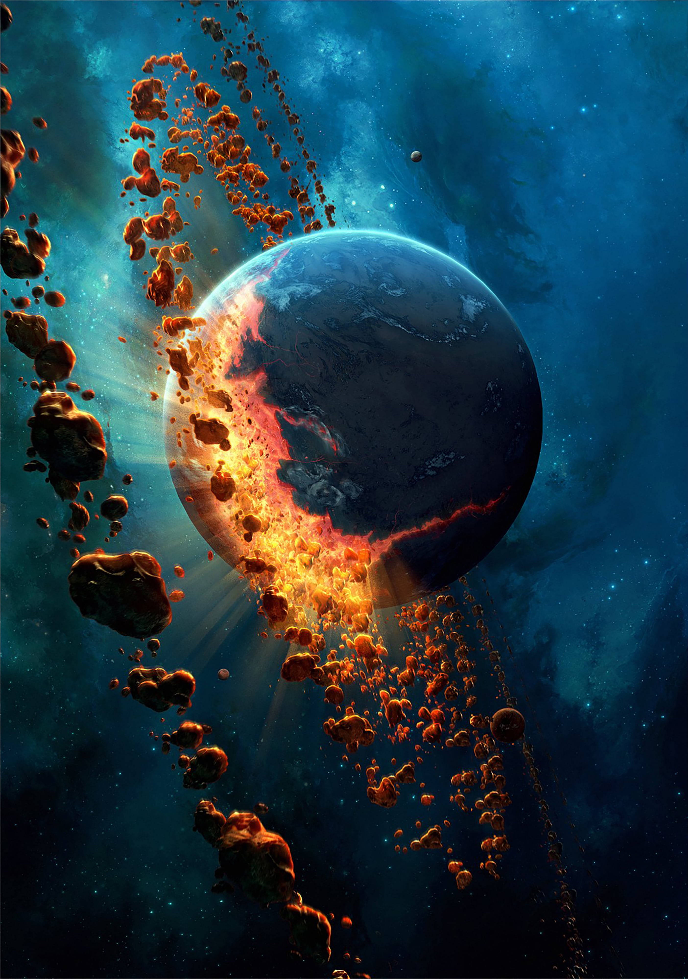 exploding planet, fiery orange fragments, deep blue cosmic backdrop, 4K Phone Wallpaper