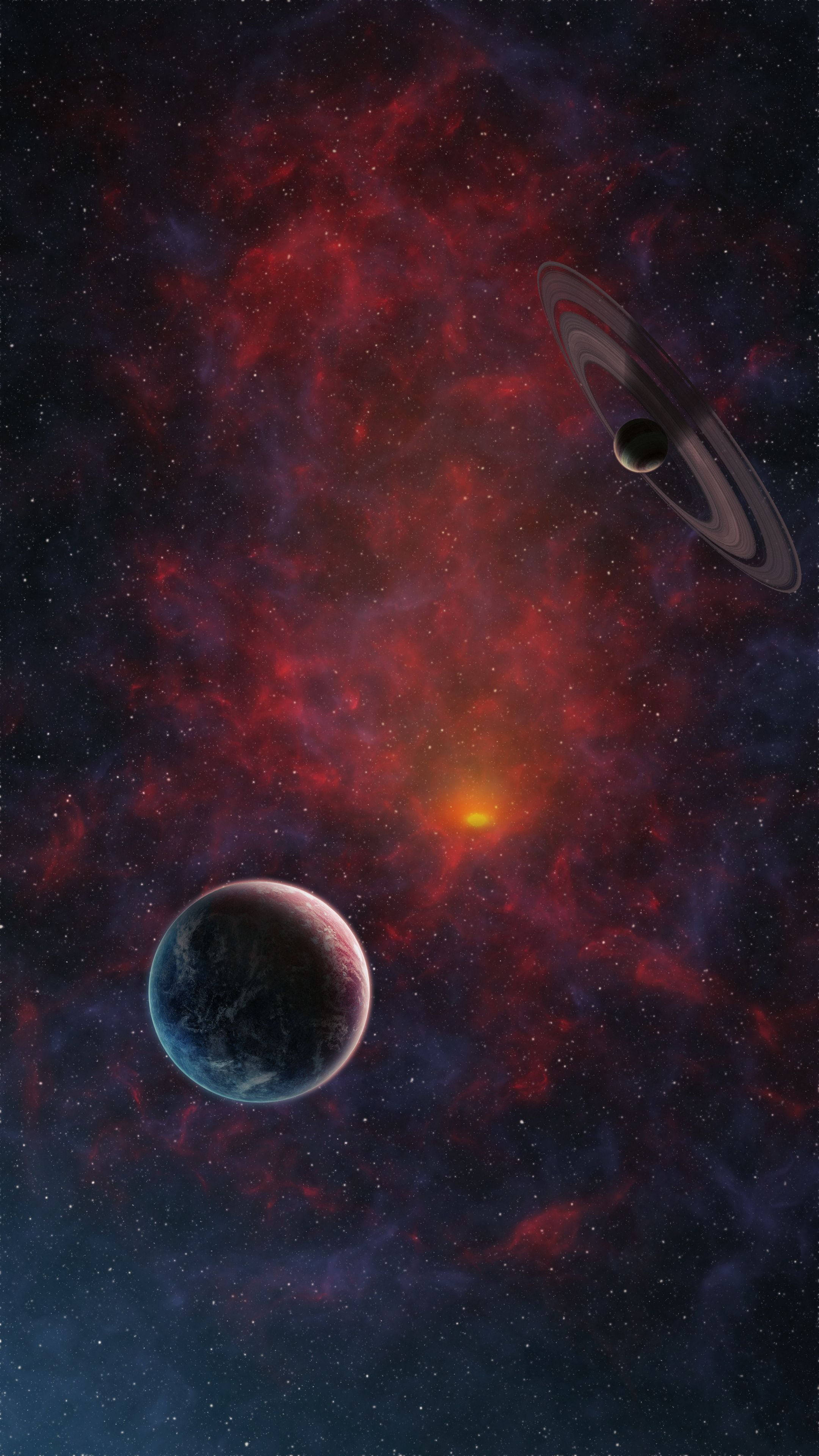 red skies, blue planet, ringed planet, 4K Phone Wallpaper